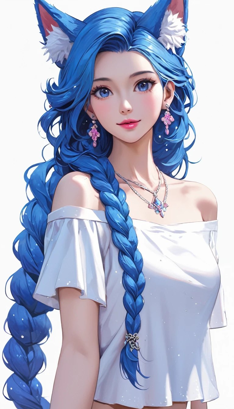 Seed Value：4019060095、masterpiece, Highest quality, High resolution, (White Background: 1.4), [Glitter], [Looking at the audience, Portraiture, 1 Cute Chinese Girl], (Long Hair, Blue Hair, Wave Curl, Multicolored Twisted Big Braid: 1.3, Fluffy fox ears, Air Van), White off-the-shoulder short sleeves, Delicate facial features, Pink Lips, Earrings, necklace