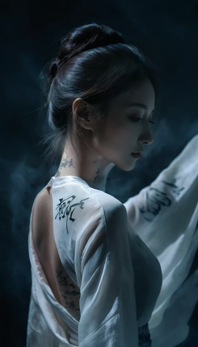 Double exposure style,Volumetric Lighting,Girl in wrap top,Arching her back,Traditional clothing,Artistic calligraphy and ink,light depth,Dramatic atmospheric lighting,Volumetric Lighting,Ghosting effect,Image combination,Double exposure style,
