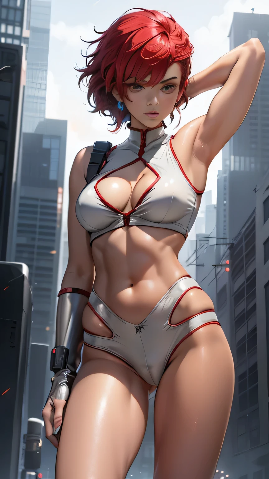 (masterpiece, best quality:1.2),((photoreal:1.1)),perfect anatomy,solo,perfect eyes,Kei from The Dirty Pair, ((bushy red hair beauty)), ((looking at viewer:1.4)),((horizontal angle)),((shoot from front:1.4))((muscular:1.3),((do not hide your crotch)),((do not show your skin:1.4)),((standing:1.3)), extremely delicate and beautiful dark skin, hands behind head, enticing look, sexy, ((silver clothes, shiny clothes, red trim)), cameltoe, cyberpunk city background 