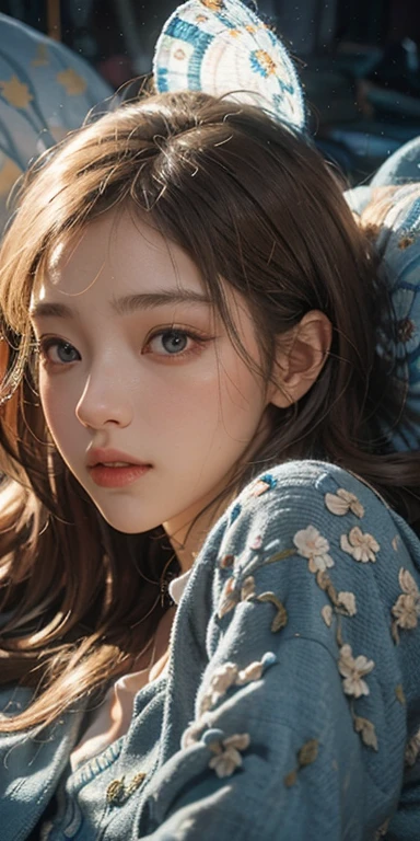 (masterpiece: 1.2, Portraiture, Highest quality), Realistic, (Live Action, Intricate details, Written boundary depth), Highest quality, masterpiece, Attention to detail, semi-Realistic, Sleeping in bed, shy, 21 years old, Short Blonde, blue eyes, pajamas, Slim figure、Canopy bed、 sleeping beauty,