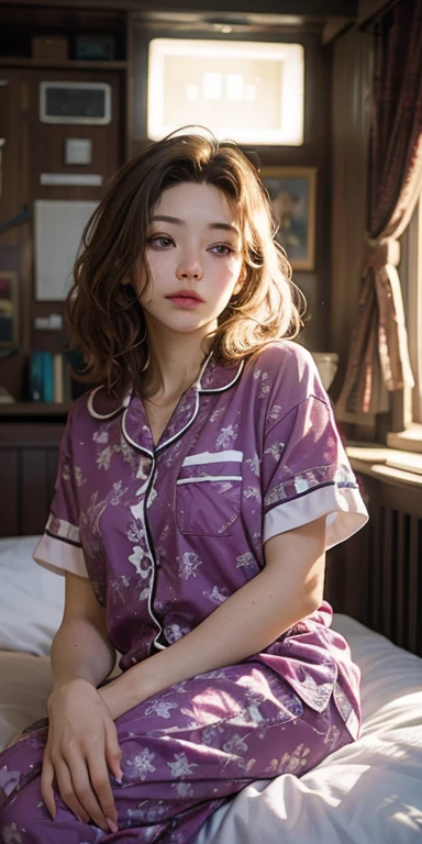 (masterpiece: 1.2, Portraiture, Highest quality), Realistic, (Live Action, Intricate details, Written boundary depth), Highest quality, masterpiece, Attention to detail, semi-Realistic, Sleeping in bed, shy, 21 years old, Short Blonde, blue eyes, pajamas, Slim figure、Canopy bed、 sleeping beauty,