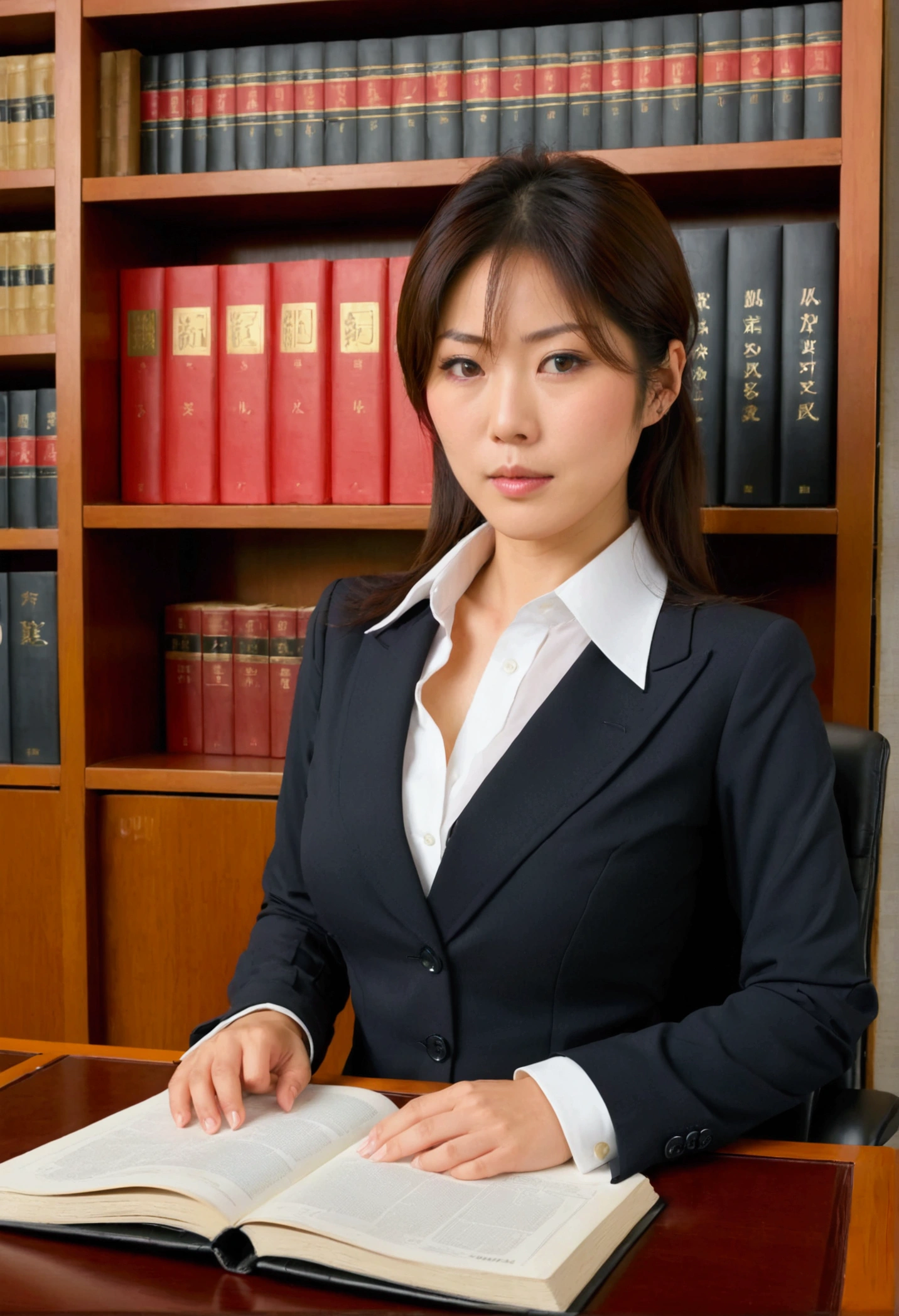 Japanese female lawyer, gigantic breasts, business suits, tight skirt, cleavage:-2, (buttoned shirts:1.3), Law Firm, she is sitting at a desk with a shelf full of law books behind her.