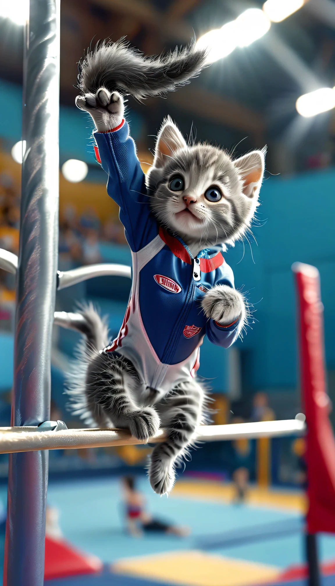 ((8k)), highest quality, 超High resolution, (High resolution), A gray kitten is wearing a gymnastics uniform, Hanging from parallel bars, Gymnastics venue, Arena, Loud cheers from the audience