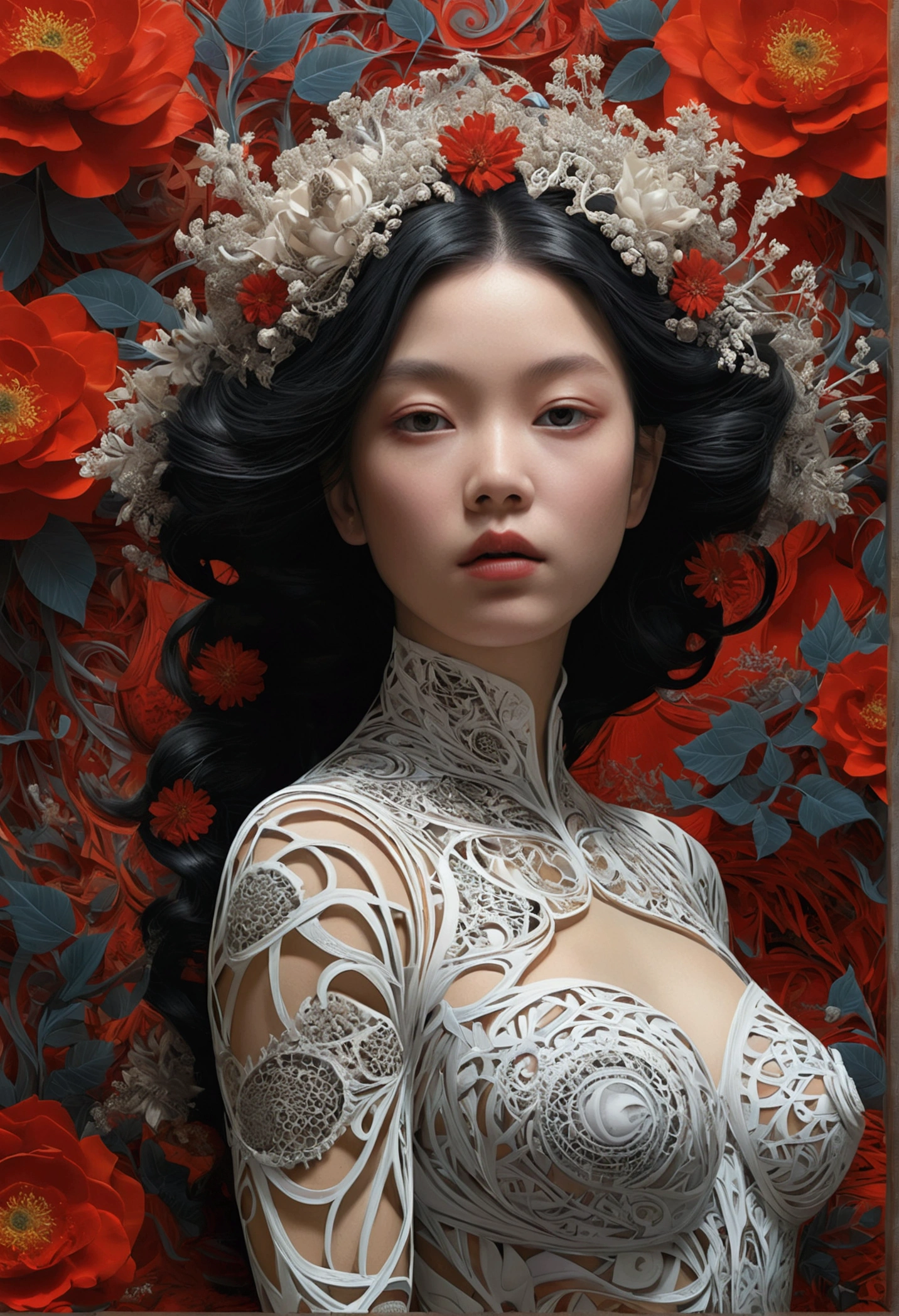 Official Art, unity 8k wallpaper, Super detailed, beautifully、aesthetic, masterpiece, Highest quality, (zenTangle, Mandala, Tangle, enTangle), (Fractal Art:1.3) , One girl, Red flower, Very detailed, Dynamic Angle, Cowboy Shot, The most beautiful form of chaos, elegant, Brutalist design, Vibrant colors, Romanticism, James Jean, Robbie Dowie Anton, Ross Tran, Francis Bacon, It was freezing cold, Adrian's genius, Petra Cortright, Gerhard Richter, takato yamamoto, Ashley Wood, Atmospheric optical illusion