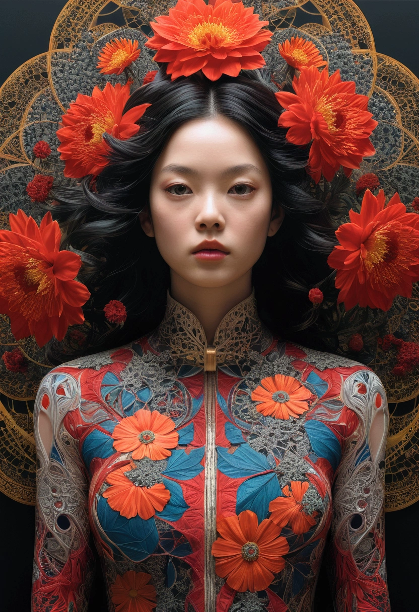 Official Art, unity 8k wallpaper, Super detailed, beautifully、aesthetic, masterpiece, Highest quality, (zenTangle, Mandala, Tangle, enTangle), (Fractal Art:1.3) , One girl, Red flower,  Very detailed, Dynamic Angle, Cowboy Shot, The most beautiful form of chaos, elegant, Brutalist design, Vibrant colors, Romanticism, James Jean, Robbie Dowie Anton, Ross Tran, Francis Bacon, It was freezing cold, Adrian&#39;s genius, Petra Cortright, Gerhard Richter, takato yamamoto, Ashley Wood, Atmospheric optical illusion