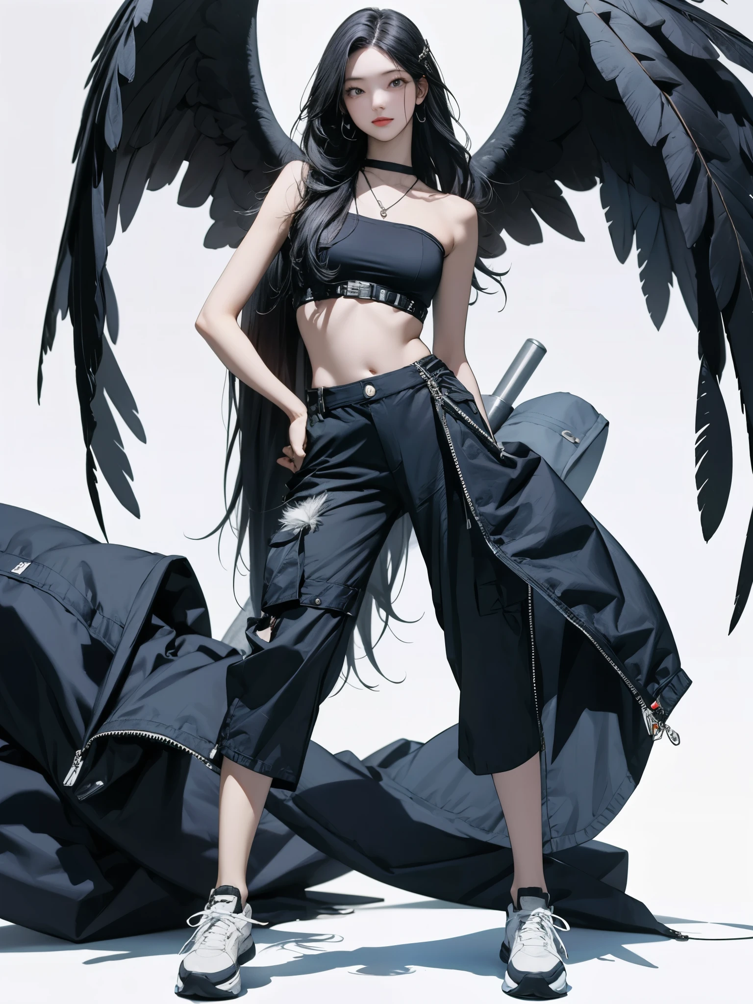 1girl, full body, (black theme), tube top, wide leg cargo pants, sporty shoes, (muscular:0.6), detailed face, looking at viewer, wing embellishment, detailed feather,