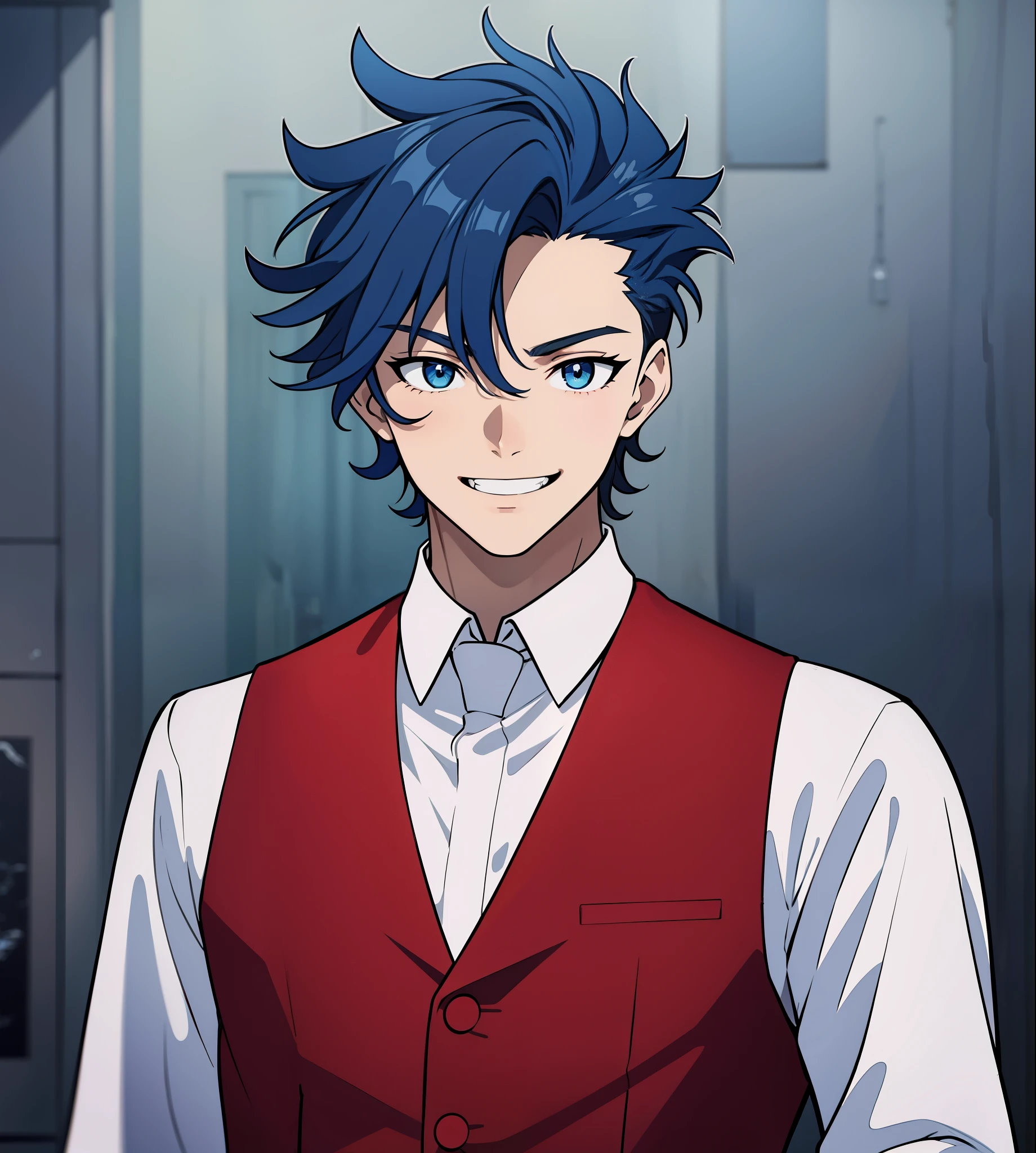 anime boy, smiling, teeth, happy, wide smile, holding glass, dark blue hair, blue eyes, red clothes, white shirt, (beautiful and aesthetic:1. 5), thick black lineart, clean lineart, perfect lineart, moody lighting, gritty, intense, sharp lineart, best quality, high quality, best quality, ultra-detailed, saturated colours, HD,