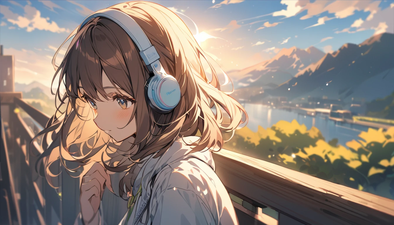 Girl wearing headphones,Brown Hair,1 person,bright,Detailed Background,Enjoy the morning silence
