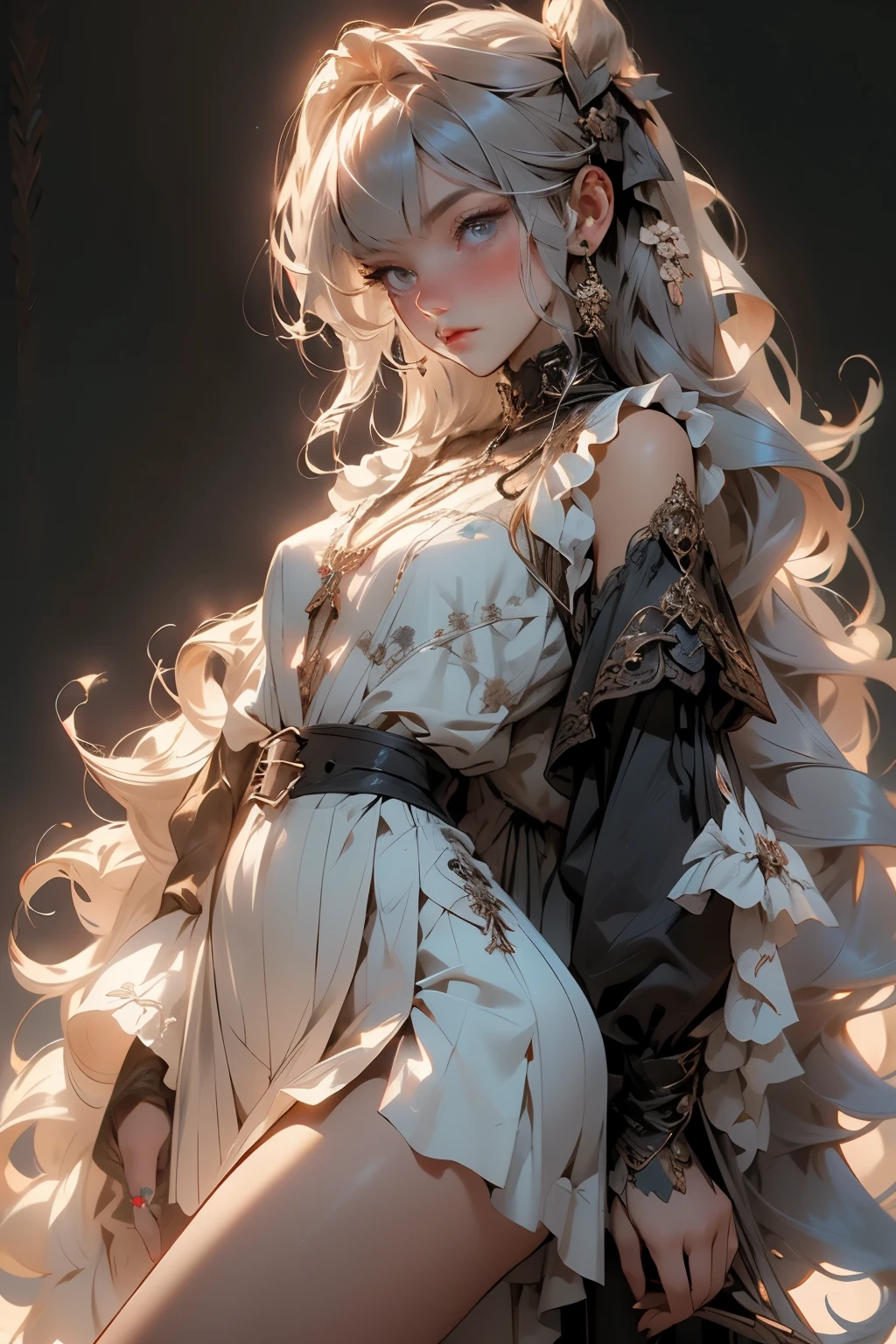 ((best quality)), ((masterpiece)), (detailed), blank white background, plain background, white background, red and white clothing, Bloodborne inspired,  occult aesthetic, occult, detailed and intricate steampunk and detailed gothic, NSFW, Very dramatic and cinematic lighting, cosmic horror, grim-dark, side-lighting, perfect face, NSFW, Fluttering lace flared dress with frilly petticoats, pleated petticoats, lolita dress, petticoats gothic lolita, complex lace boots, side-lighting, gothic lolita aesthetic, wielding a mighty sword with mechanical components, carbine, NSFW, beautiful small breasts, small breasts, full body, whole body, body, plain background, white background, blank background, no background, white background NSFW, full body, whole body, head-to-toe NSFW