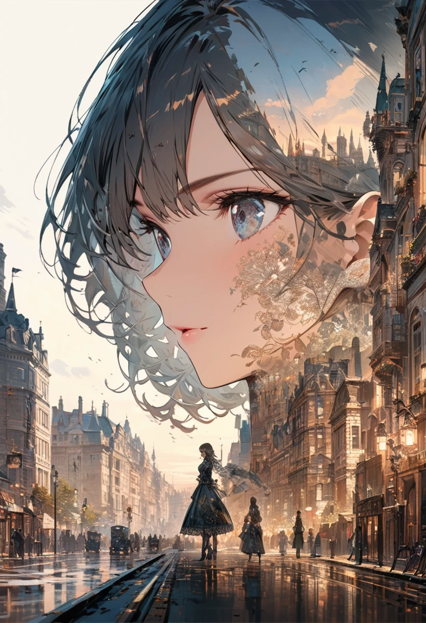 Double exposure of a beautiful and delicate lady(Face clear and perfect)Image,The backdrop is a hyper-detailed Victorian city perfect for, Beautifully, Intricate illustrations, art work concept art work masterpiece, best quality, Super detailed, HD