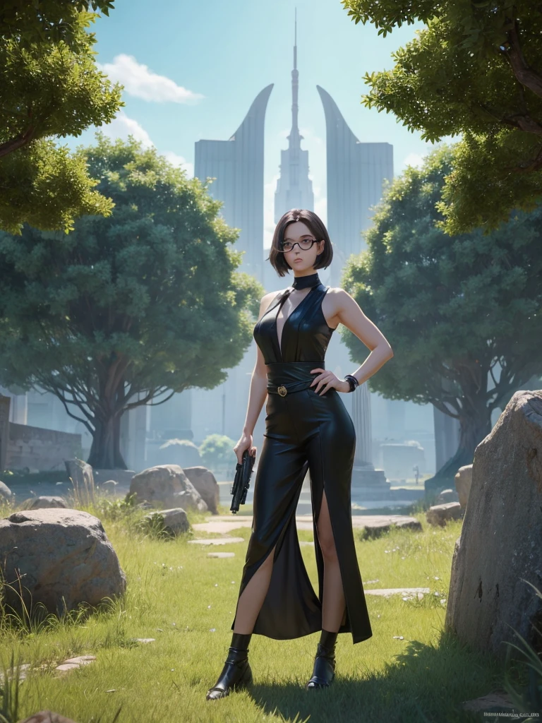 Ralph McQuarrie Style, greek architecture done in a sci-fi style on a beautiful forest and meadow scene with tall buildings and open green spaces, oil, beautiful, Very detailed,beautiful huge glasses middle age massive upperbody female,fractal anime art,nintendo switch game character Vayonetta,wind,vayonetta female with machine gun,view viewers view,beautiful cool anime face,adult body,mafia city background,