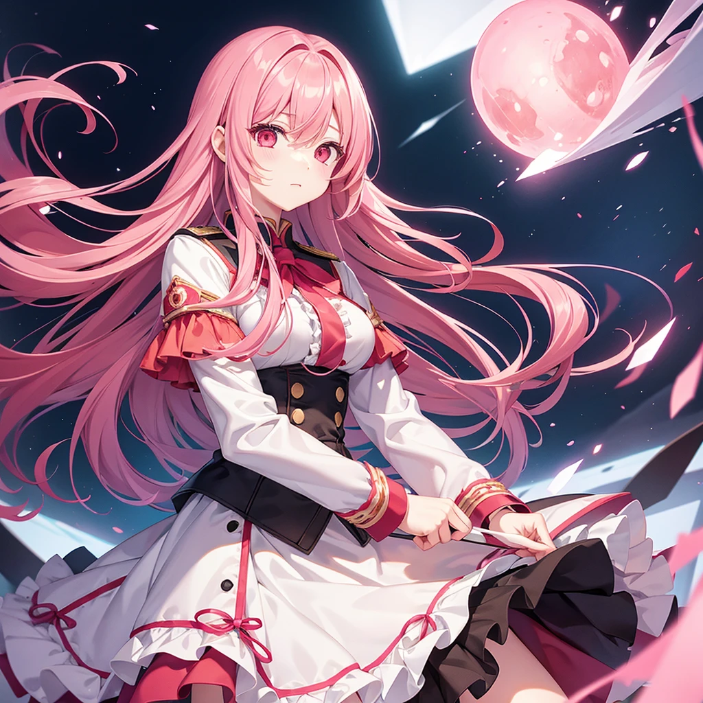 girl、An illustration、Adult、Pink Hair、Red eyes、Long Hair、Dead Eyes、Eyes without highlights、nice、uniform、Frills、全身のAn illustration、strong