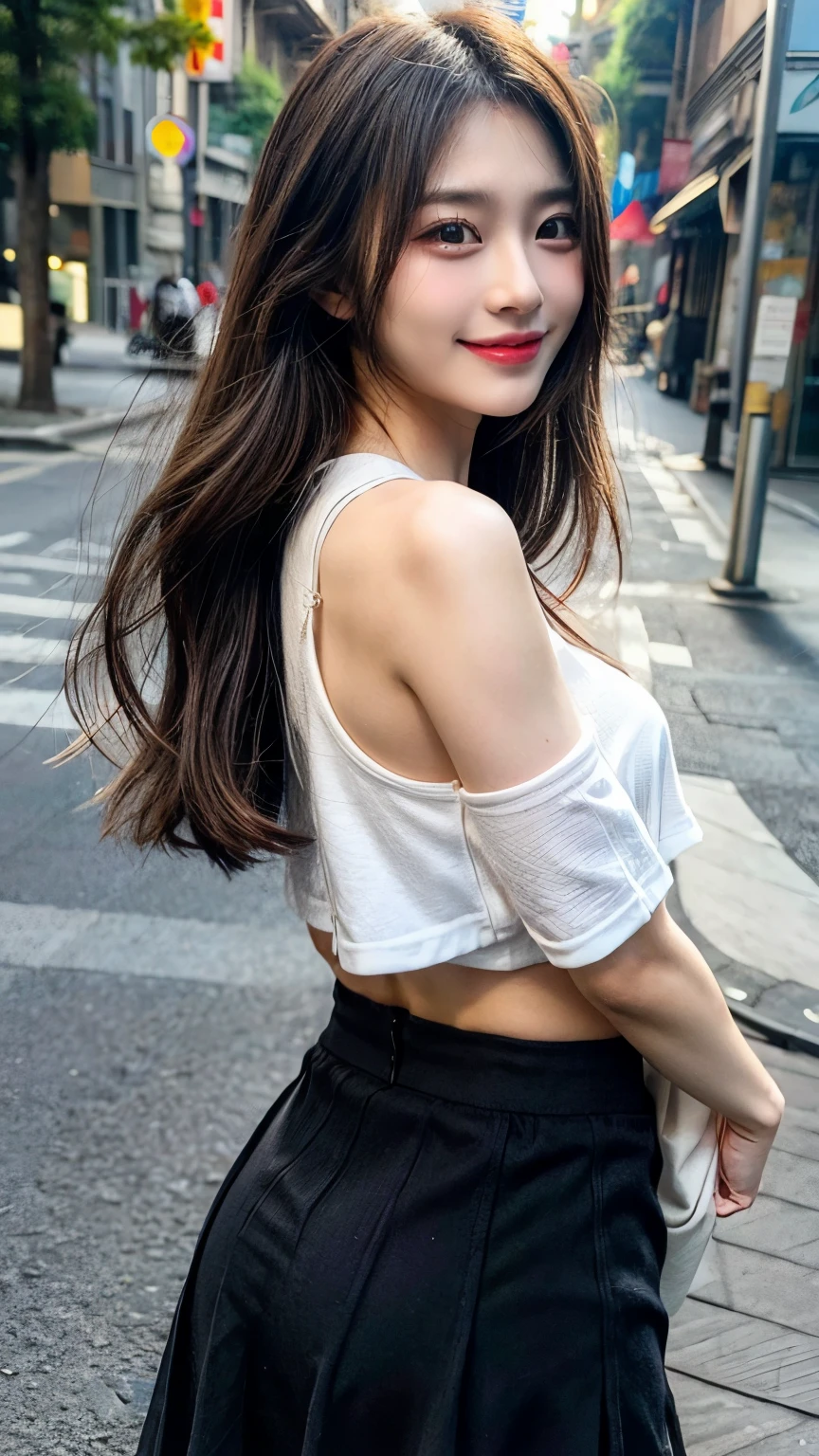 1girl, street fashion, ((butt)), skirt, longhair, face smile to camera , medium breasts, lifting junk box, back side, medium ass