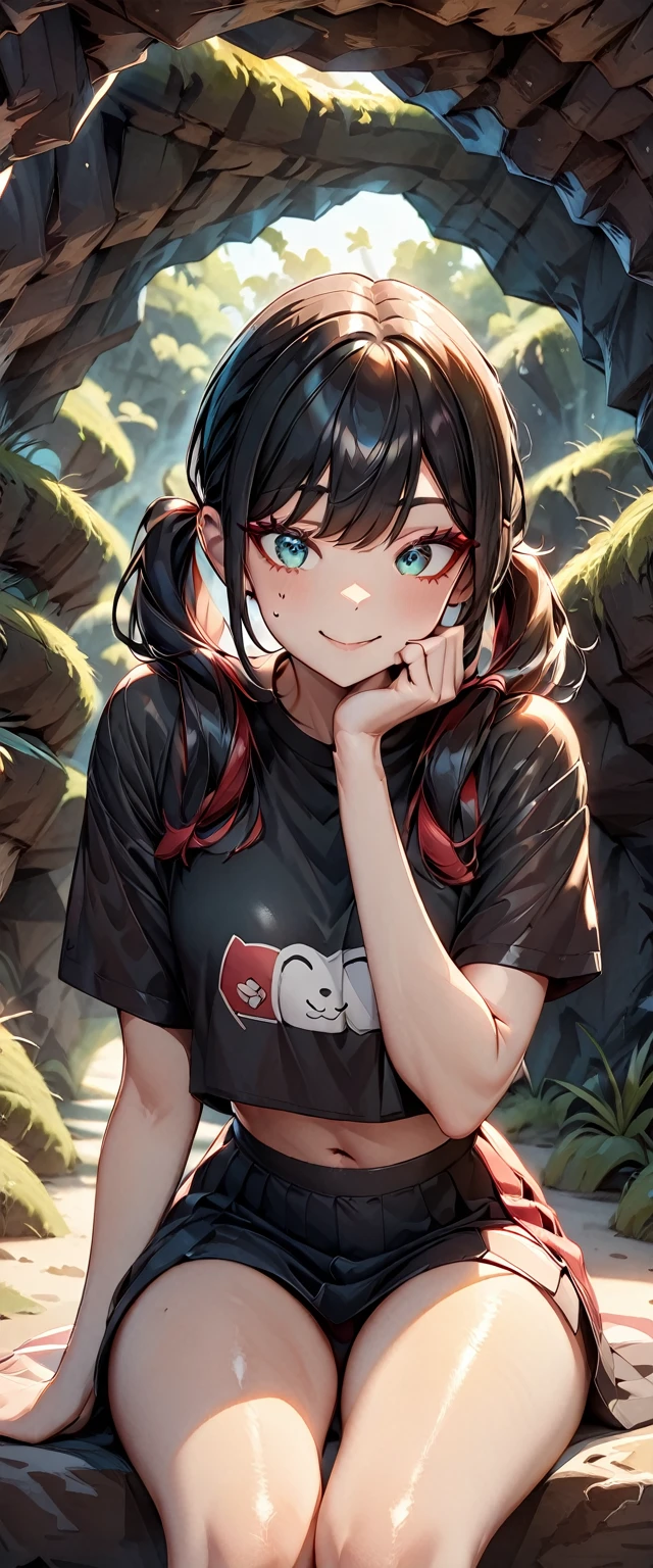 Photo of a girl with natural skin, ((Baby Face)), Smiling, ((Sitting, Leaning forward, Cheek resting on hand)), From the side, Round face, A girl wearing mainly black and red, ((Upper Body)), Beach cave, The light is shining in, High Twintails, Black hair with red mesh, Sharp eyes with red eyeshadow, Blue-green eyes, Shining eyes, A thin, upturned nose, Well-shaped lips, ((crop top overhang, Short sleeve, Black clothes, Thighs, Glamour body)), Makeup, Exquisitely crafted with the utmost attention to detail, Vibrant, amazing, Smooth, Cinematic, 4K, Backlight, (()), Shallow depth of field, ((Detailed eyes:1.3, Detailed lips:1.3, high quality, )), masterpiece, Super detailed images, High quality