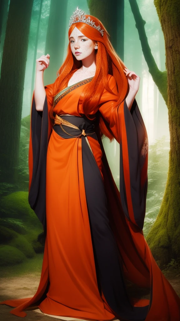 Full-body shot, 18 years old princess bard, (signing), striking figure, long ginger hair, wavy hairs, fair skin, (((freckles))), innocent and regal appearance, expressive eyes filled with curiosity and determination, slender frame, elegant grace, ornate orange kimono with black and white borders, feather crown, in a forest, genzoman
