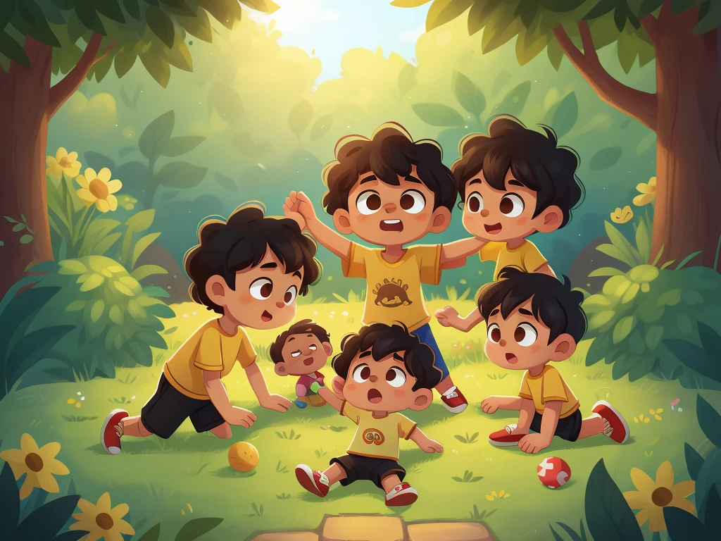 Illustration of one 3 years old baby black curly very short hair and brown eyes wearing yellow tshirt and black shorts and red shoes feel very tired and lazy and can't play with his friends background is garden with some children play with joy