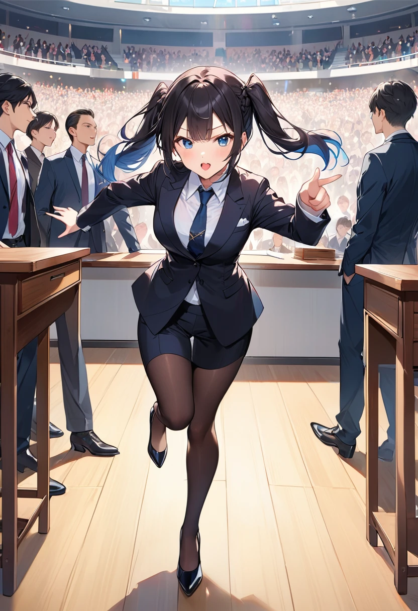 Highest quality、High resolution、Detailed Background、Beautiful face in every detail、Anatomically correct、Detailed facial expressions、fine grain、((full body, ((side shot:1.3)), looking away:1.5)), break　((One Girl、Chibi Girl:1.3))、(lawyer)、Jet Black Hair、Big beautiful blue eyes、light makeup, Angry face、Open your mouth and shout、Fuller lips、Pink Lips、Braided twin tails、break　(Luxury dark suit:1.3、Silk Shirt:1.3、tie、Black high heels)、break　((Stand on the desk:1.3))、(Standing on one leg:1.3)、((Stand up straight:1.3))、((Both hands pointing in the same horizontal direction:1.3)), (The background is the court、A lot of spectators）