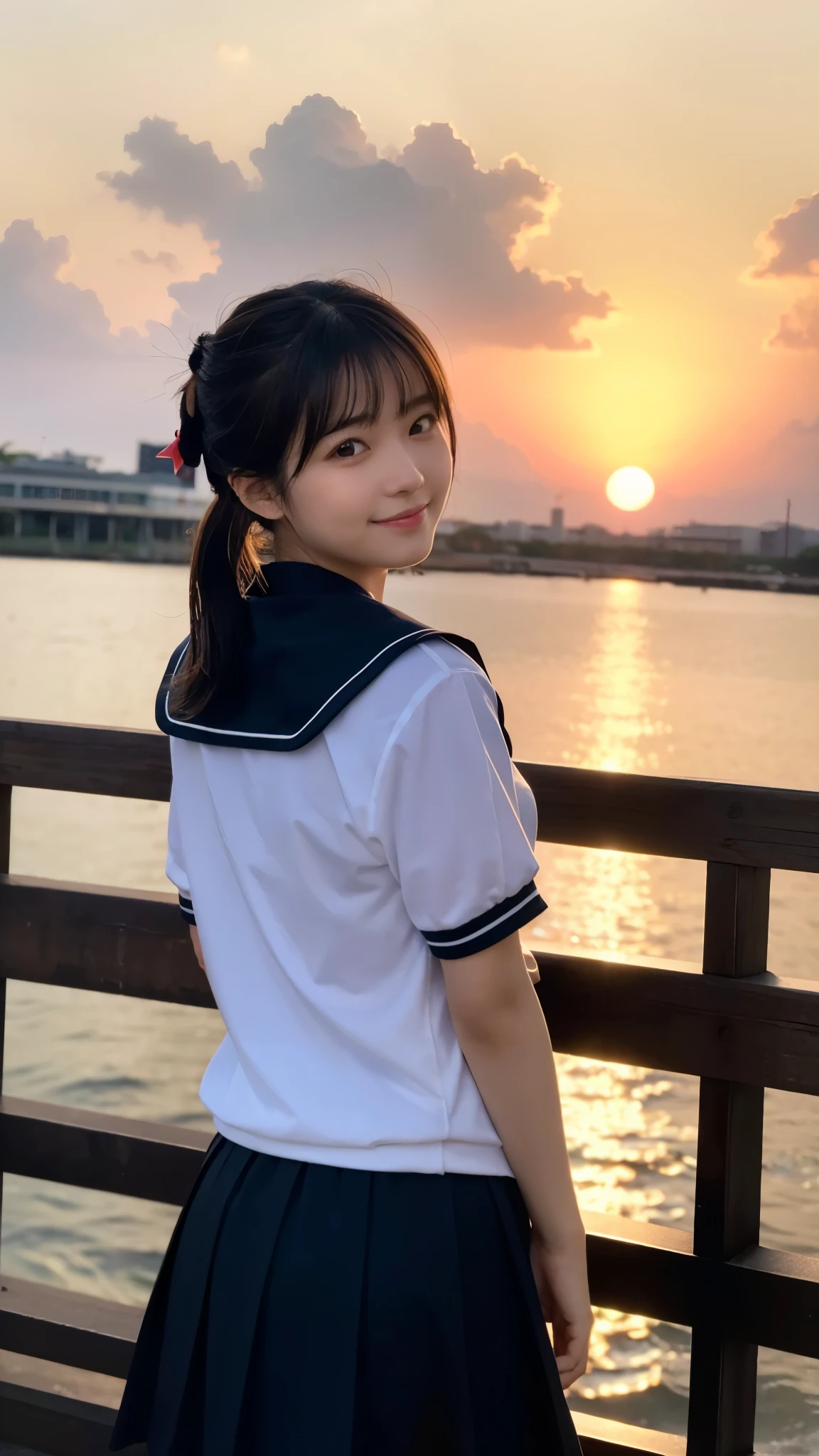 (highest quality,masterpiece:1.3,ultra high resolution),(Super detailed,caustics,8k),(photorealistic:1.4,RAW shooting),A girl turning around with a smile,buckshot,18-year-old,Japanese,cute,black short ponytail,hair blowing in the wind,sailor suit,Skirt in the wind,face focus,low position:1.4,low angle full body shot:1.3,Backlight,sunset,sunset sky,