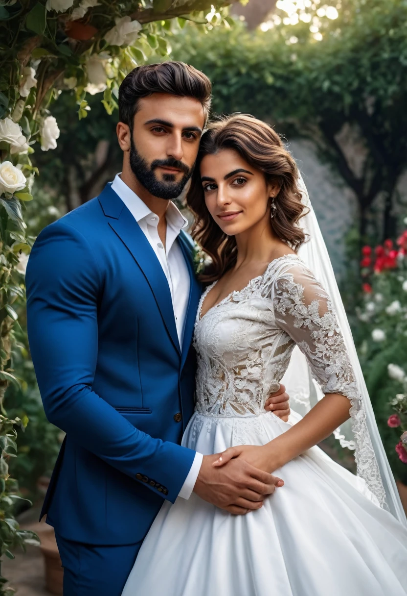 (fullbody photo:2.0) of two spouses: (a 25-year-old iranian woman, brown skin, triangular shaped face, brown eyes, long wavy hair, dark brown hair, busty, wearing a white iranian wedding dress), embracing (a 28-year-old iranian man, brown skin, jawline, square jaw, short full beard, brown eyes, short hair, dark brown hair, muscular, fit body, wearing a blue groom suit), in an enchanted garden, (8k, photorealistic, RAW photo, best quality:1.4),