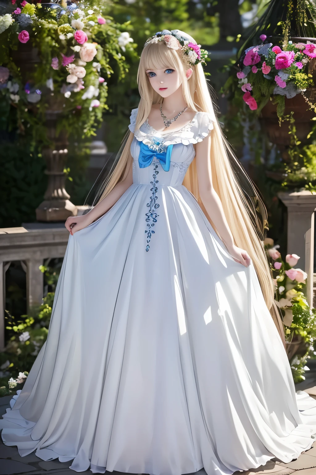 masterpiece,Highest quality,Very detailed,beautiful girl,Gorgeous white gothic lolita dress,Gorgeous necklace, teenager, (full body),Blonde,blue eyes,Perfect Face,Beautiful and detailed eyes,Beautiful Skin,skinny,Dynamic,Outdoor,Beautiful flowering garden,Lots of flowers