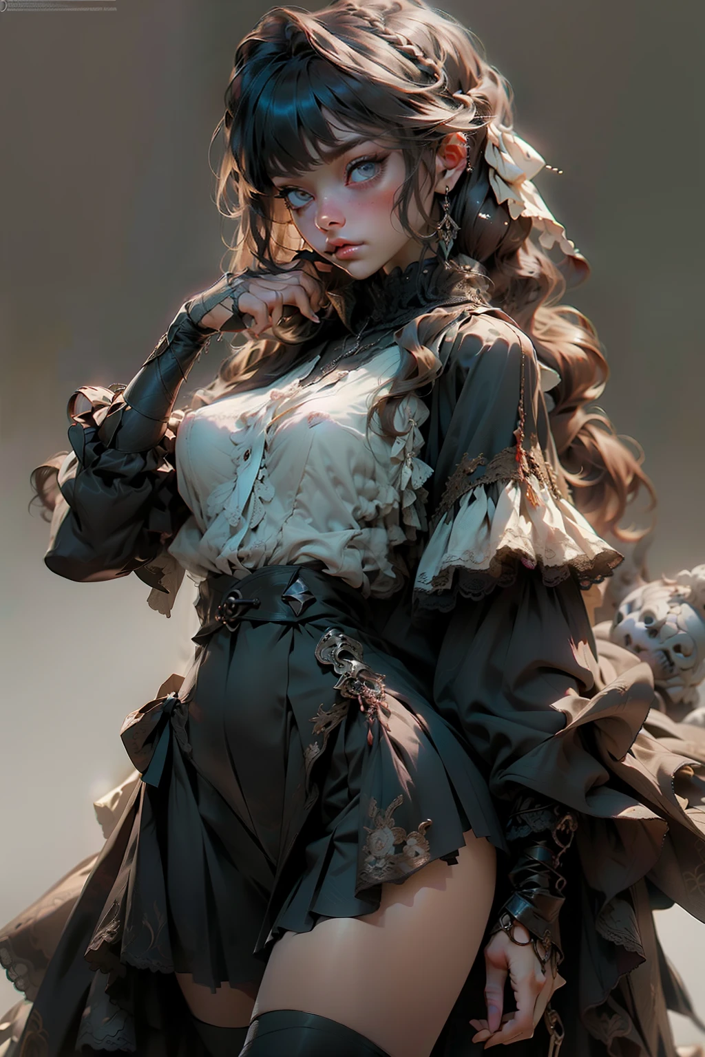 ((best quality)), ((masterpiece)), (detailed), blank white background, plain background, white background, red and white clothing, Bloodborne inspired, occult aesthetic, occult, detailed and intricate steampunk and detailed gothic, NSFW, Very dramatic and cinematic lighting, cosmic horror, grim-dark, side-lighting, perfect face, NSFW, Fluttering lace flared dress with frilly petticoats, pleated petticoats, lolita dress, petticoats gothic lolita, complex lace boots, side-lighting, gothic lolita aesthetic, wielding a mighty sword with mechanical components, carbine, NSFW, beautiful small breasts, small breasts, full body, whole body, body, plain background, white background, blank background, no background, white background NSFW, full body, whole body, head-to-toe NSFW