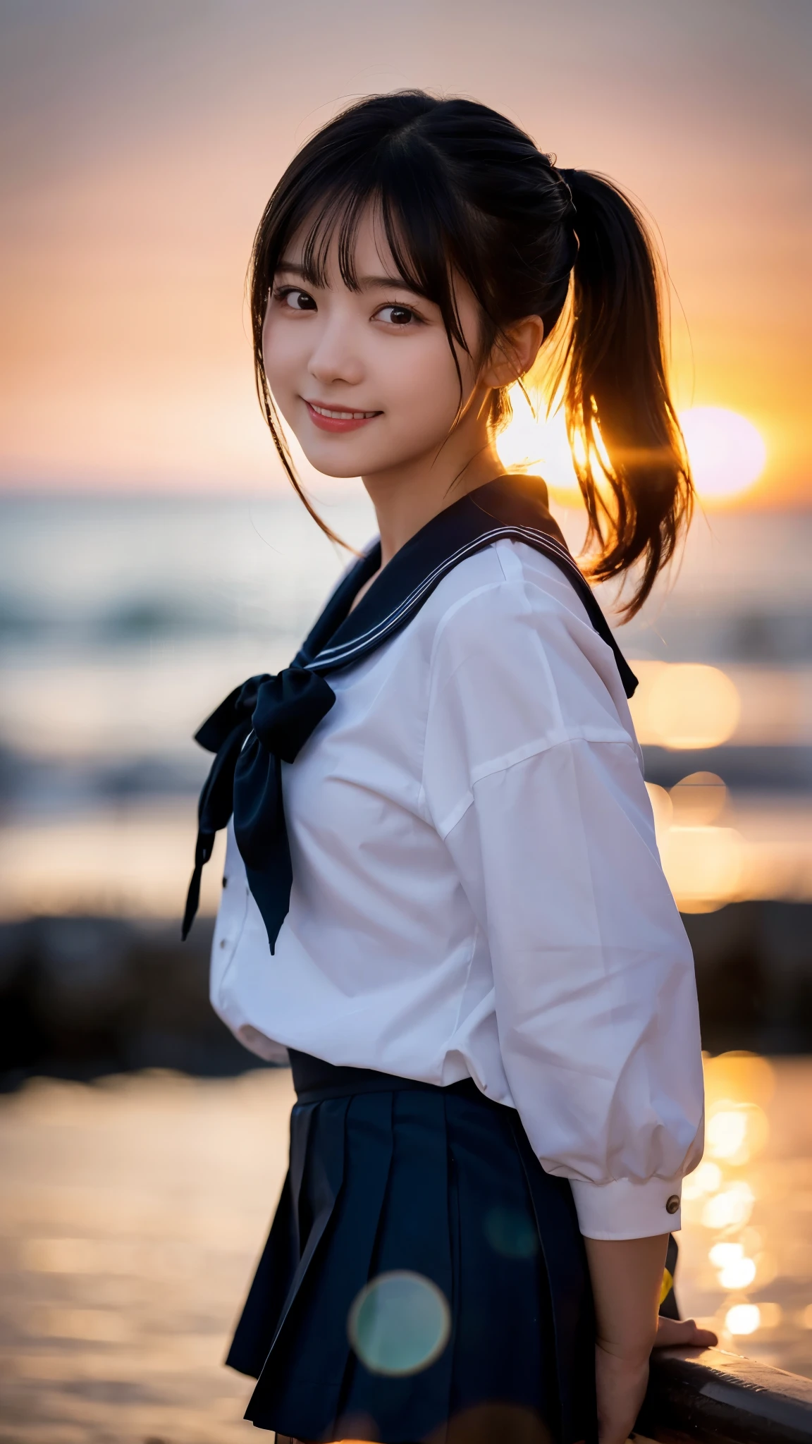 (highest quality,masterpiece:1.3,ultra high resolution),(Super detailed,caustics,8k),(photorealistic:1.4,RAW shooting),A girl turning around with a smile,buckshot,18-year-old,Japanese,cute,black short ponytail,hair blowing in the wind,sailor suit,Skirt in the wind,face focus,low position:1.4,low angle full body shot:1.3,Backlight,sunset,sunset sky,