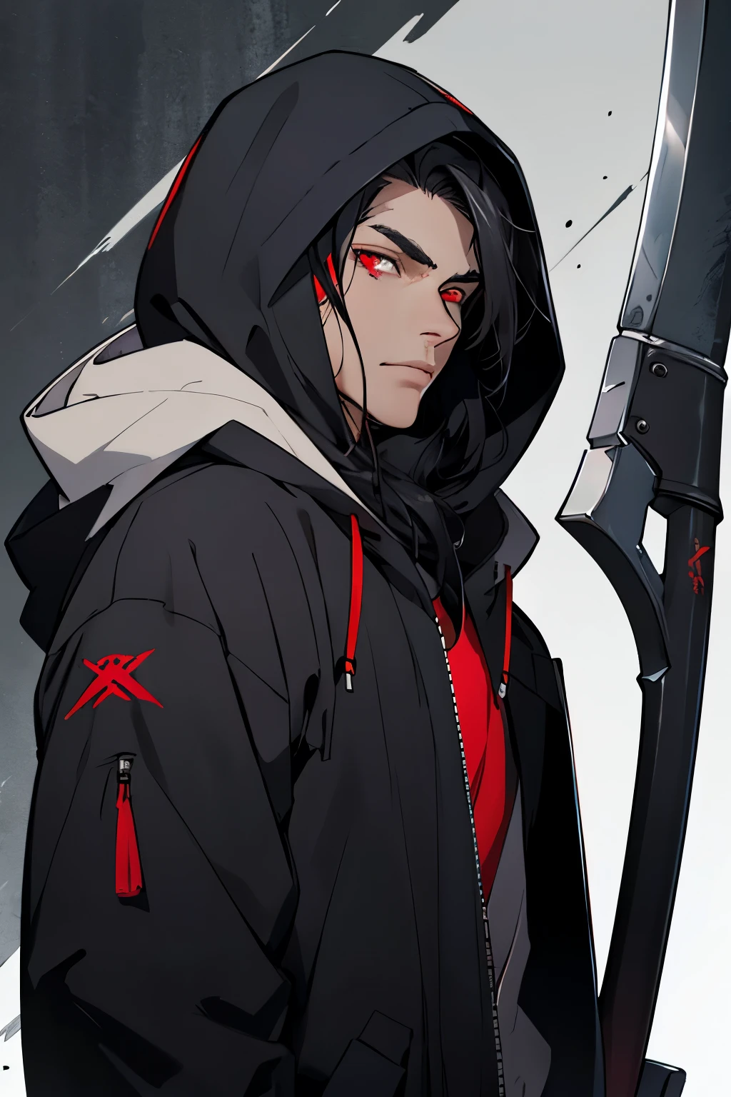 create a masculine face, brunette with black hair and red eyes, character with macabre clothes and looks. I want a hood and for the character to hold a scythe