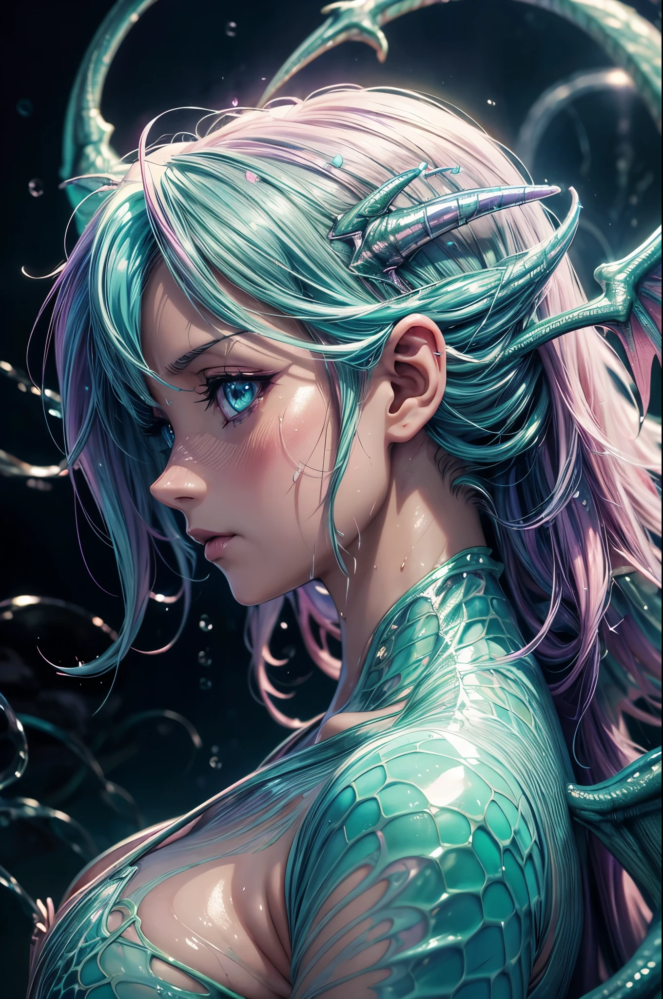 (Realistic:1.4), masterpiece, best quality, (Anime:1.4), pastel anime dragon girl, slime, wet look, shimmering lights, whirls of vapor, iridescent textures, dragon scales, dragon horns, dragon wings, translucent scales, neon light, ethereal ambiance, delicate details, magical atmosphere