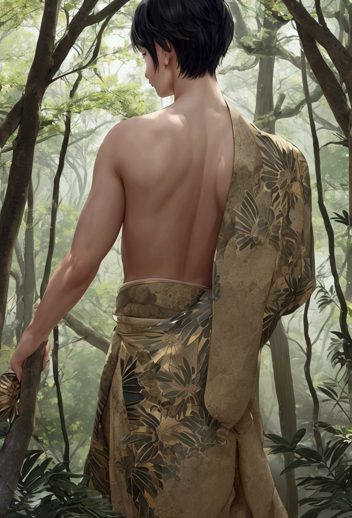 One boy、Beautiful Boy、18-year-old、Japanese Boy、Beautiful Boy、Black Hair、forest、Completely naked、Back view