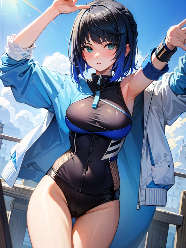 ((tmasterpiece,best qualtiy)), (1girll),((a matural female)),blue hairs,By bangiddlebreast,(plumw)sporty attire,Jogging exercise, ชุดรัดรูป, sexy girl, camel toe,