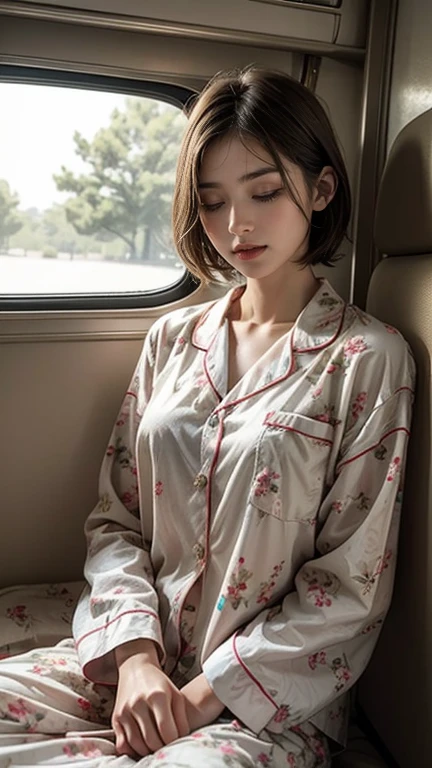 Sleeping girl, 22 years old, Realistic, She wears a short, She is wearing floral pajamas, short hair.Inside the camper