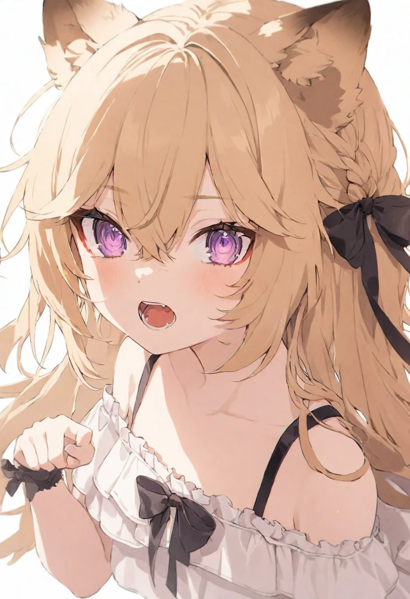(muste piece), (best quality), (score_9, score_8_up, score_7_up), very detailed eyes, expressive eyes, perfect face, very detailed face, highly detailed face, beautiful girl, 8K, beautiful girl, white background, delicate and beautiful face and eyes, dark intense shadow, 1 girl, vtuber style, cool girl, vtuber, rurudo_lion, blond lion ears, blond lion tail, blond straight hair, blond eyes, hair between eyes, see-through:white sundress, sleeveless dress, suspender dress, dress bow, chest visible through clothes, small chest, Cleavage, (Off-shoulder), (clavicle), Poker face, open mouth wide, one Yae Teeth, (one hand paw pose), bare arms, Upper Body, face close up, look up,