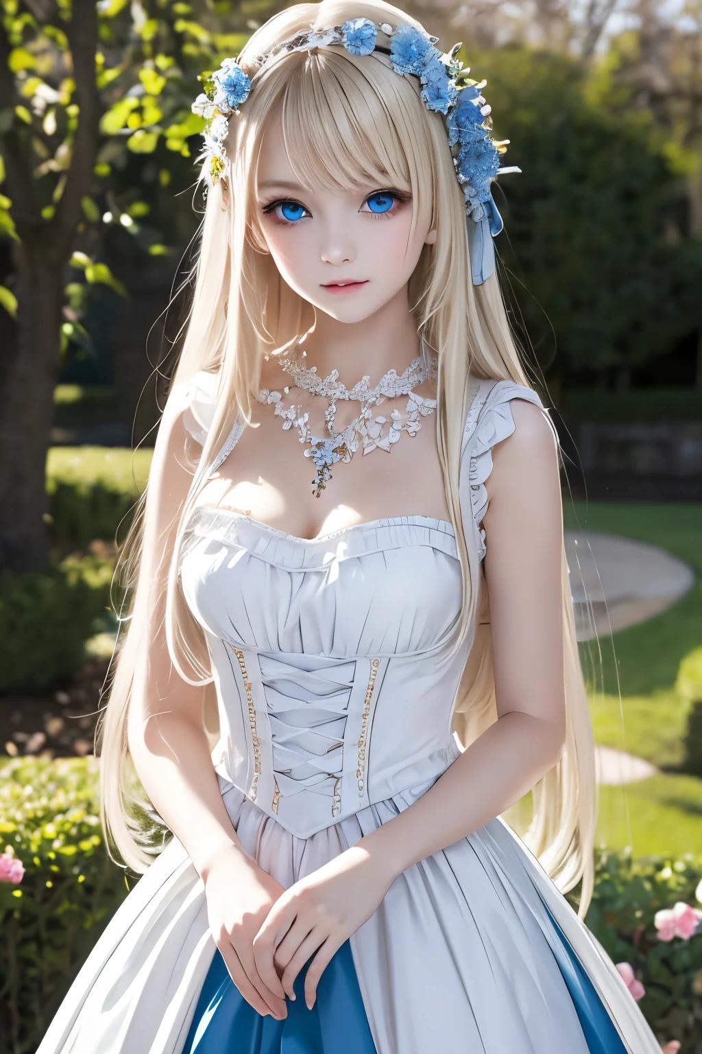 masterpiece,Highest quality,Very detailed,beautiful girl,Gorgeous white gothic ta dress,Gorgeous necklace, teen, (full body),Blonde,blue eyes,Perfect Face,Beautiful and detailed eyes,Beautiful Skin,skinny,Dynamic,Outdoor,Beautiful flowering garden,Lots of flowers