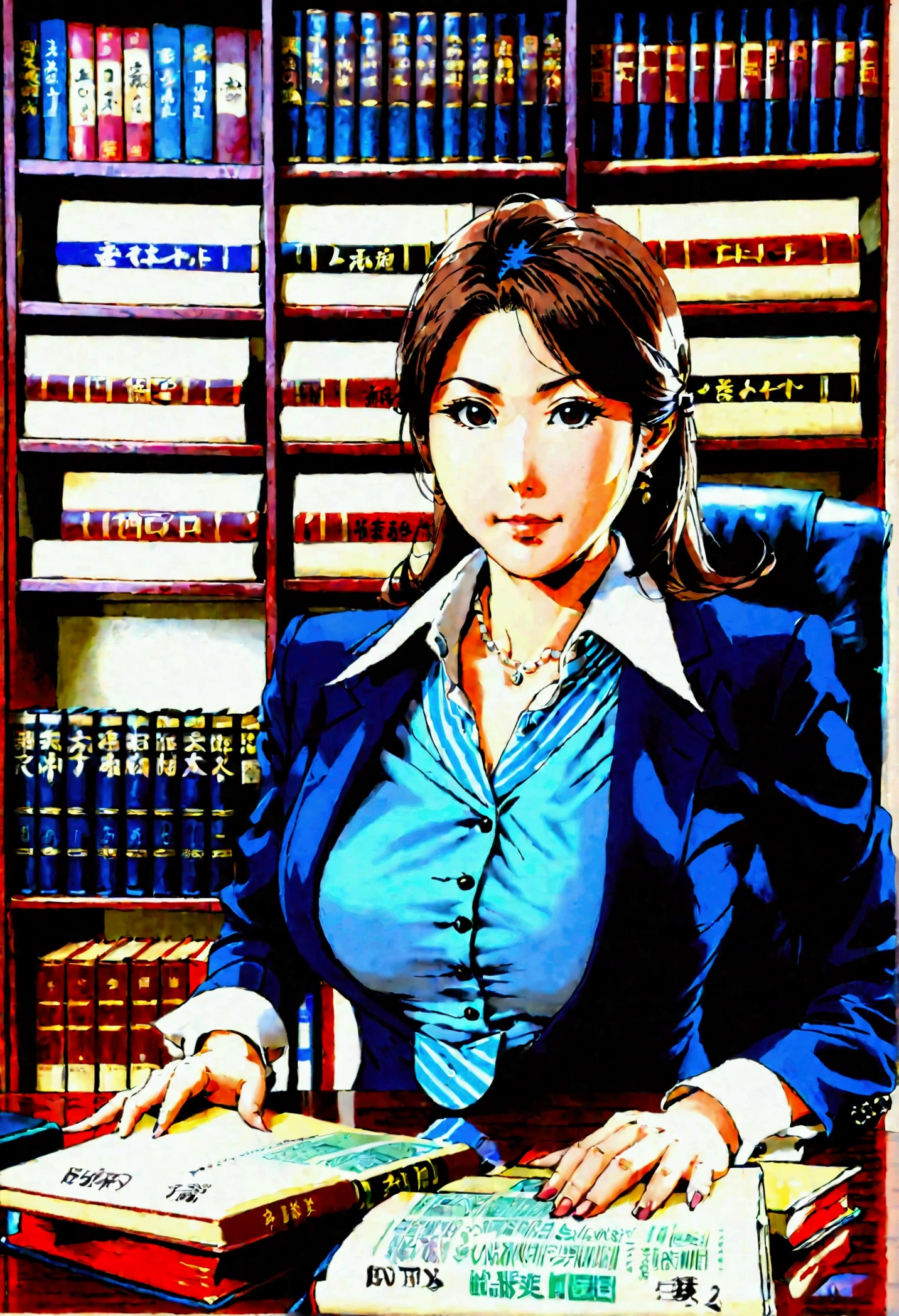 Japanese female lawyer, gigantic breasts, business suits, tight skirt, cleavage:-2, (buttoned shirts:1.3), Law Firm, she is sitting at a desk with a shelf full of law books behind her.