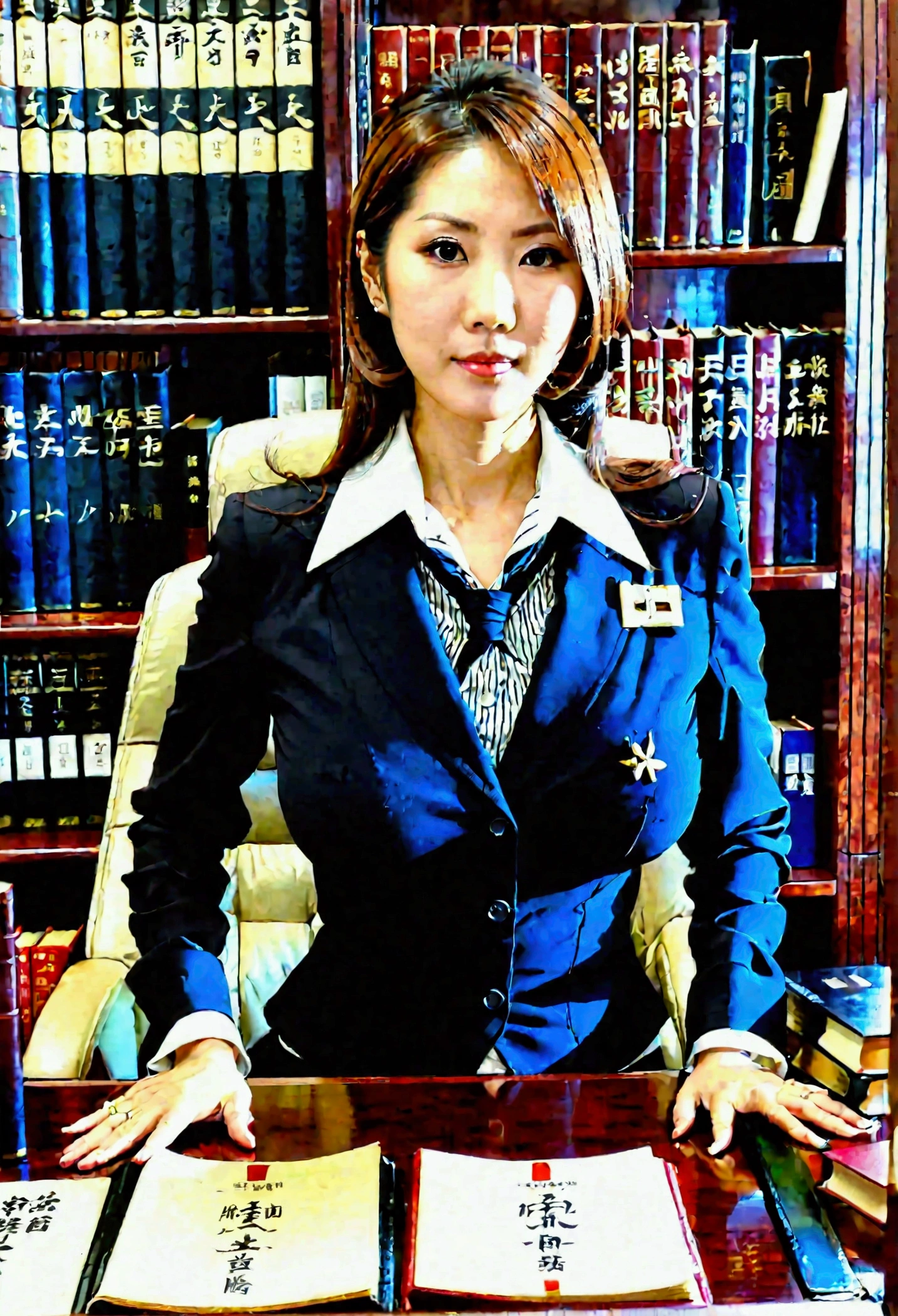 Japanese female lawyer, gigantic breasts, business suits, tight skirt, cleavage:-2, (buttoned shirts:1.3), Law Firm, she is sitting at a desk with a shelf full of law books behind her.