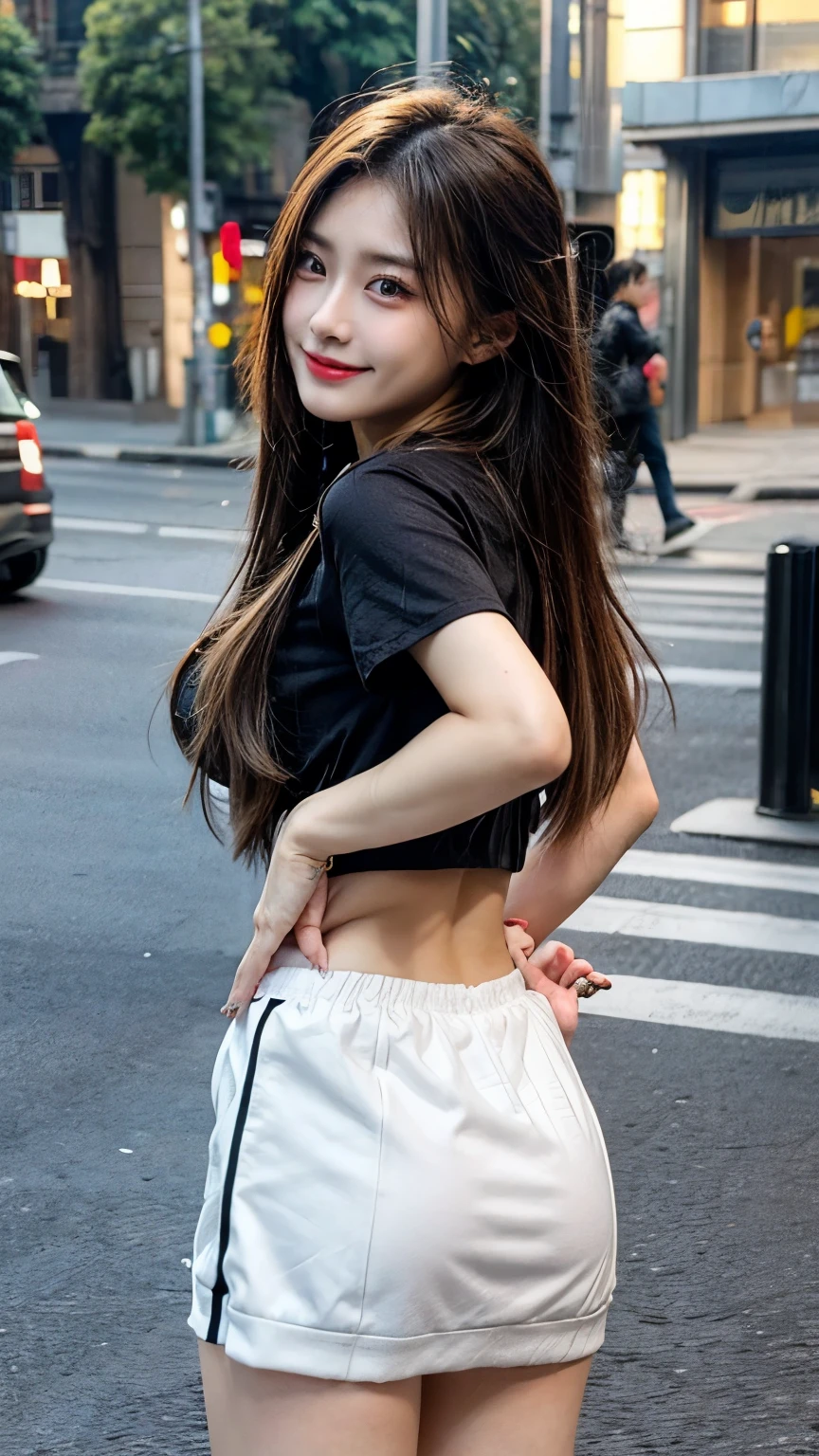 1girl, street fashion, ((butt)), skirt, longhair, face smile to camera , medium breasts, lifting junk box, back side