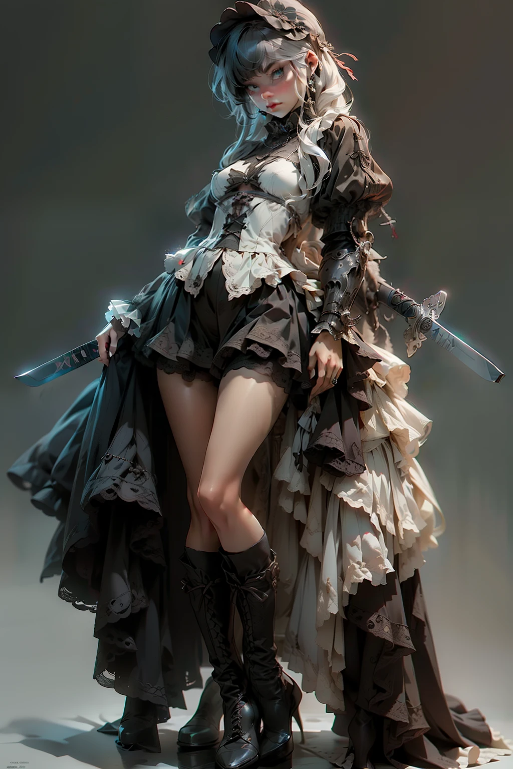 ((best quality)), ((masterpiece)), (detailed), blank white background, plain background, white background, red and white clothing, Bloodborne inspired,  occult aesthetic, occult, detailed and intricate steampunk and detailed gothic, NSFW, Very dramatic and cinematic lighting, cosmic horror, grim-dark, side-lighting, perfect face, NSFW, Fluttering lace flared dress with frilly petticoats, pleated petticoats, lolita dress, petticoats gothic lolita, complex lace boots, side-lighting, gothic lolita aesthetic, wielding a mighty sword with mechanical components, carbine, NSFW, beautiful small breasts, small breasts, full body, whole body, body, plain background, white background, blank background, no background, white background NSFW, full body, whole body, head-to-toe NSFW