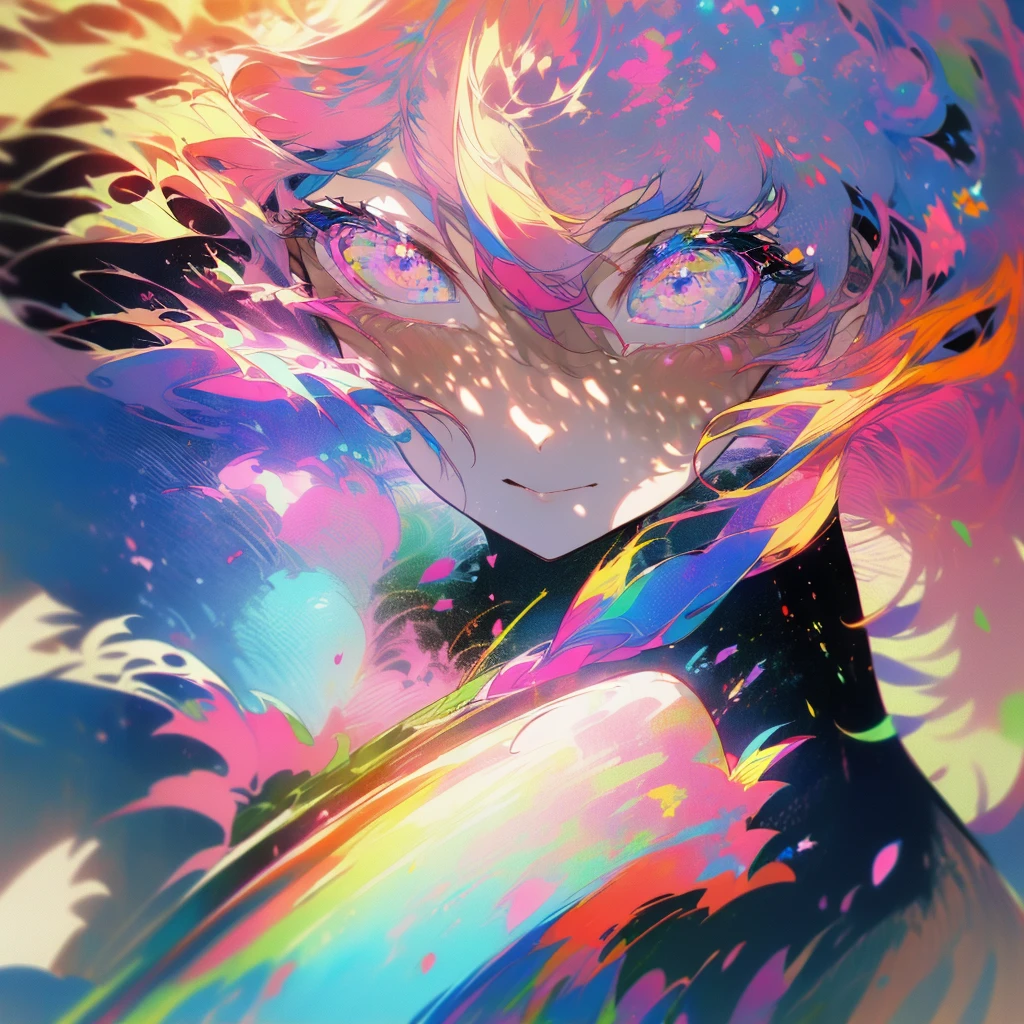 (1 Girl:1.3)、(Colorful Hair:1.2)、カラフルなflower柄の着物を着ている、(masterpiece, Highest quality,Beautiful fine details, Super detailed, :1.2), 8k wallpaper, Elaborate features, , Long Hair, Striped Hair,drum演奏、drum、flower、Note、Fantasy