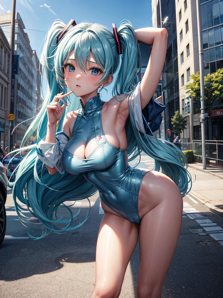 a girl, light blue hair, Hatsune Miku style hair, blue eyes, 20 years old, long navy blue dress, in berlin, modern city, accessories, sculptural body, best quality, masterpiece, busty. ,sexy girl, camel toe, ชุดรัดรูป, โชว์หน้าอก ,โชว์กางเกงใน,