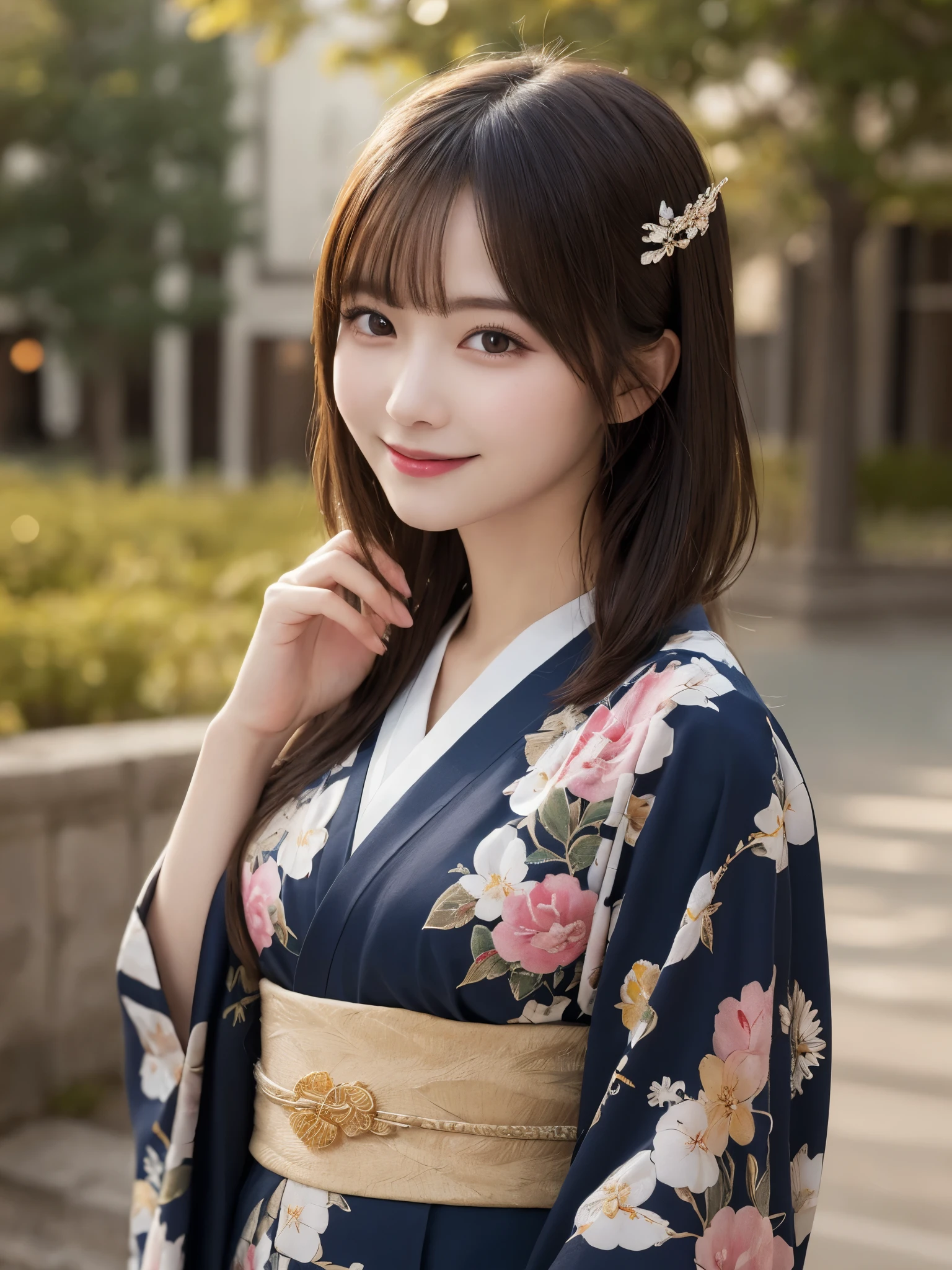masterpiece, best quality, illustration, ultra-detailed, finely detailed, high resolution, 8K wallpaper, perfect dynamic composition, beautiful detailed eyes, kimono, medium hair, small breasts, graceful pose, smile, looking at camera