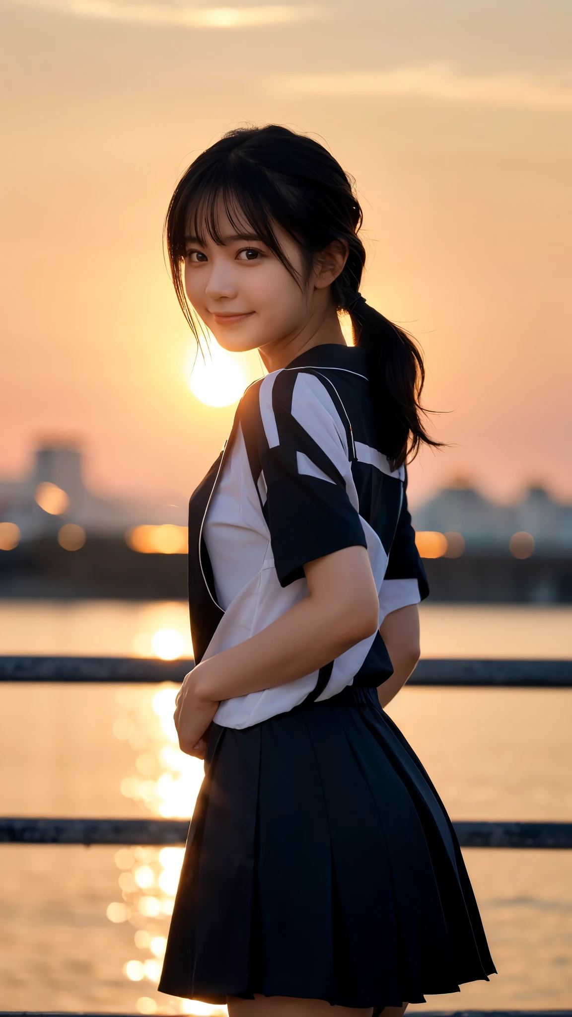 (highest quality,masterpiece:1.3,ultra high resolution),(Super detailed,caustics,8k),(photorealistic:1.4,RAW shooting),A girl turning around with a smile,buckshot,18-year-old,Japanese,cute,black short ponytail,hair blowing in the wind,sailor suit,Skirt in the wind,face focus,low position:1.4,low angle full body shot:1.3,Backlight,sunset,sunset sky,