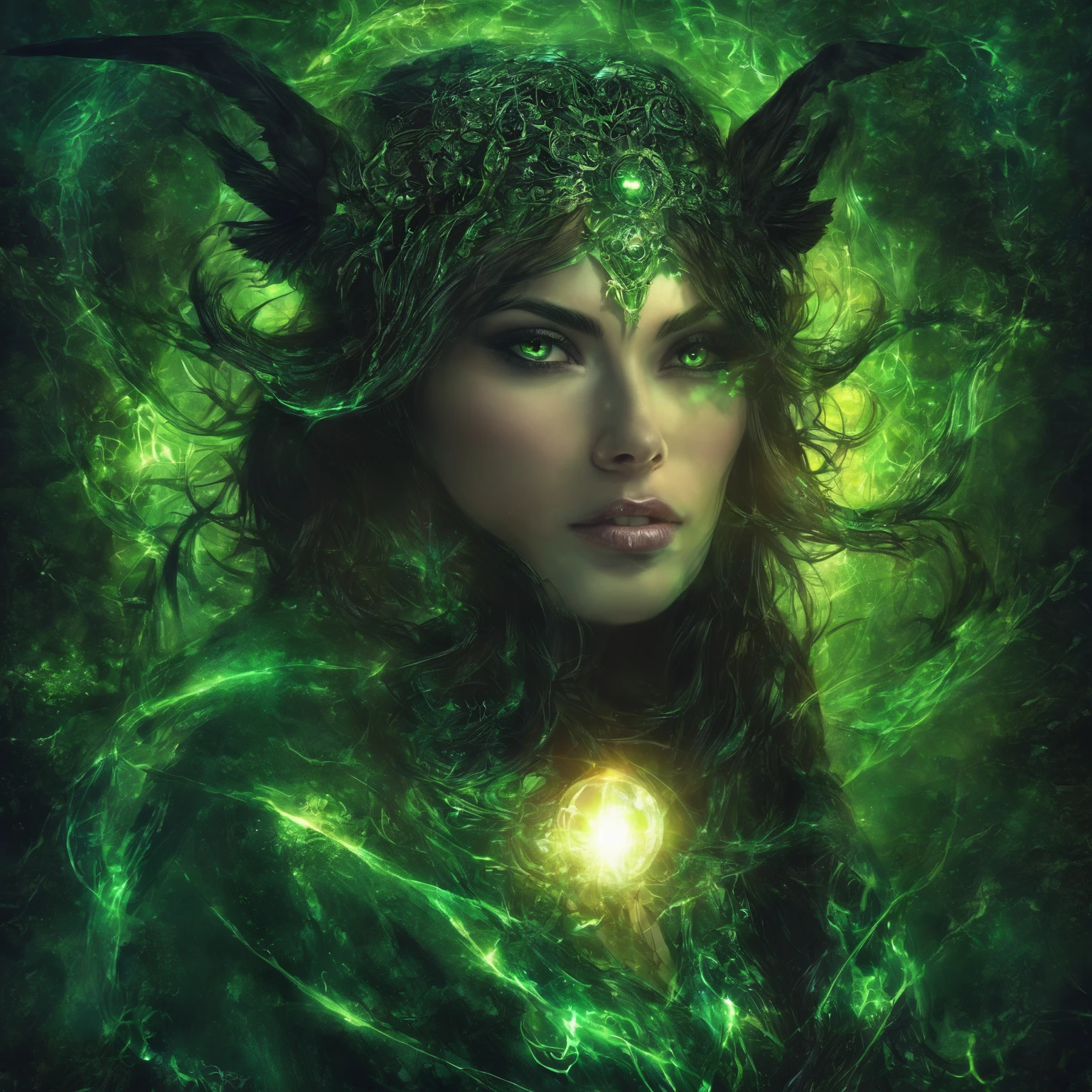 (best quality image,high qualiy,work of art:1.2),ultra detali,(realisitic:1.37),summoning spell,Sinister Devil with a Beautiful and Innocent Face,25 year old woman face,detailed green eyes,detailed lips,seducing gaze,dark atmospher,Demonic powers,Fantasy setting,mysterious lighting,hidden magic,Charmingly Beautiful,dark aura, Enigmatic smile, sorcerer, casting powerful spells, enchantment, greenish tint, irresistible charm, be supernatural, Shining Magic Orb, mystical spell, be sinister, ominous background, enchanted forest, Mystical beauty, enchanted power, Dark charm, dark mystical realm, magic circle, wind whispering, black art, enchanting charm, lovely gaze, Invisible Power, Forbidden art, supernatural transformation, Transcendent Beauty, enchanted powerr, devil whispering, enchanting enchantment, Disturbing beauty, mystical enchantment, evil seducer, magical energy radiates, dark enchantment.