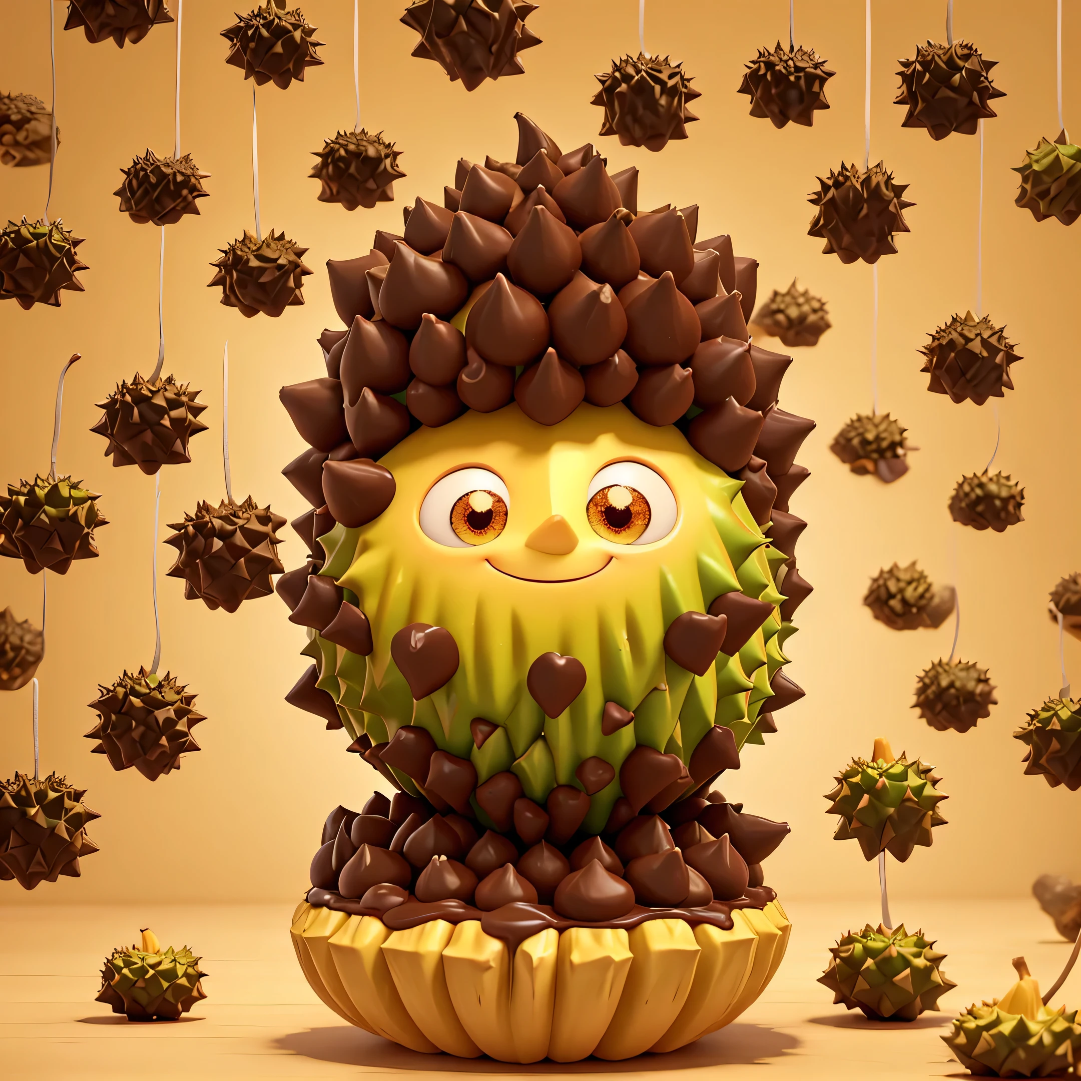 Create an anime-style image of a chocolate-flavored fried durian with a cute, cartoonish face. The durian should have a round, happy expression with big, sparkling eyes and a wide smile. Its spiky outer shell should be partially coated in glossy chocolate, and the inner flesh should be bright yellow, showing through the open sections. The durian stands on chocolate-covered feet, adding to its whimsical appearance. The background features a simple, repetitive pattern of durian motifs, blending well with the character's design and emphasizing the playful and appetizing theme.
