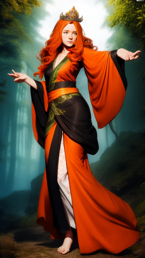 genzoman style, Full-body shot, 18 years old princess bard, (signing),  striking figure, long ginger hair, wavy hairs, fair skin, (((freckles))), innocent and regal appearance, expressive eyes filled with curiosity and determination, slender frame, elegant grace, ornate orange kimono with black and white borders, feather crown, in a forest, genzoman style