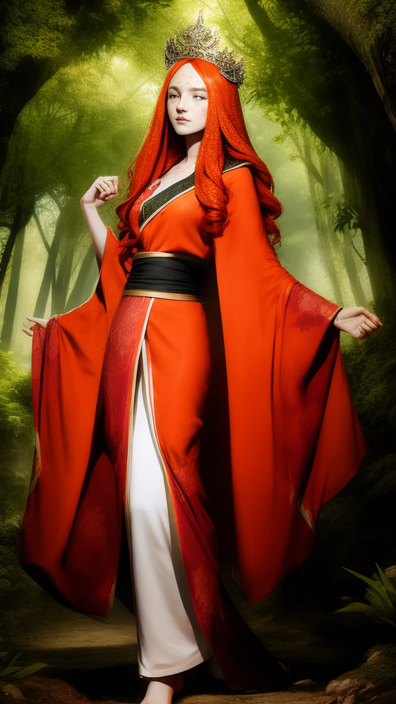 genzoman style, Full-body shot, 18 years old princess bard, (signing), striking figure, long ginger hair, wavy hairs, fair skin, (((freckles))), innocent and regal appearance, expressive eyes filled with curiosity and determination, slender frame, elegant grace, ornate orange kimono with black and white borders, feather crown, in a forest, genzoman style