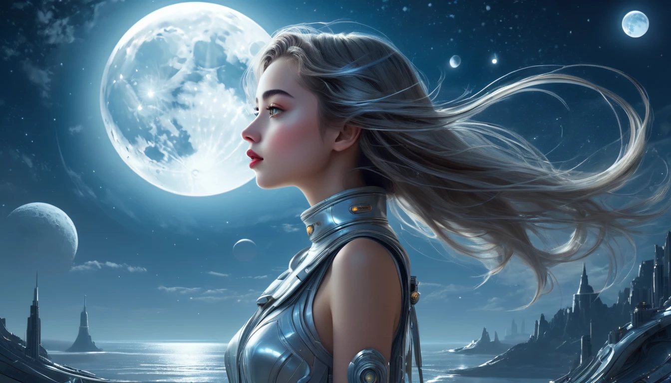 (high quality), (masterpiece), (detailed), 8K, Surrealistic depiction of futurism (1 girl 1.2), very beautiful girl in a moon-themed scene. Meticulous details capture the tranquil beauty of moonlight, Create visually stunning compositions. Popular on artstation.