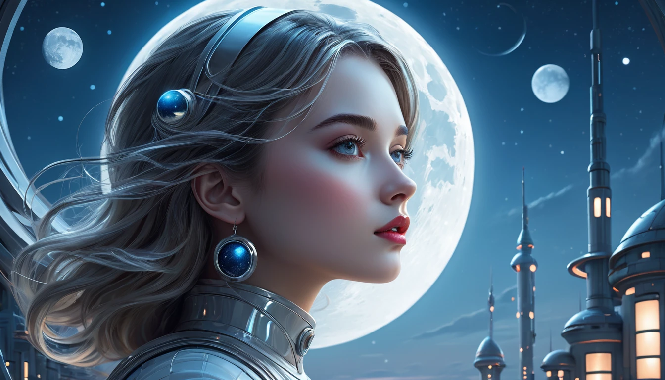 (high quality), (masterpiece), (detailed), 8K, Surrealistic depiction of futurism (1 girl 1.2), very beautiful girl in a moon-themed scene. Meticulous details capture the tranquil beauty of moonlight, Create visually stunning compositions. Popular on artstation.