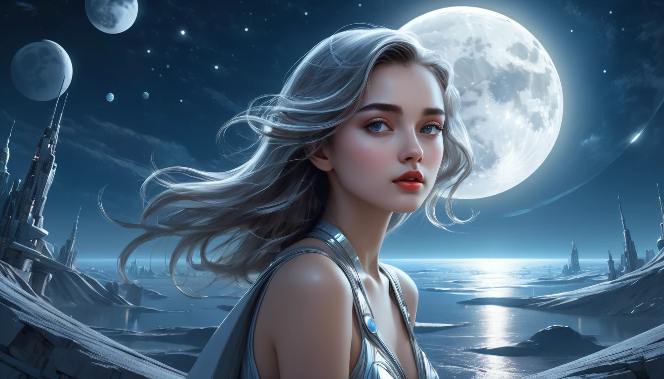 (high quality), (masterpiece), (detailed), 8K, Surrealistic depiction of futurism (1 girl 1.2), very beautiful girl in a moon-themed scene. Meticulous details capture the tranquil beauty of moonlight, Create visually stunning compositions. Popular on artstation.