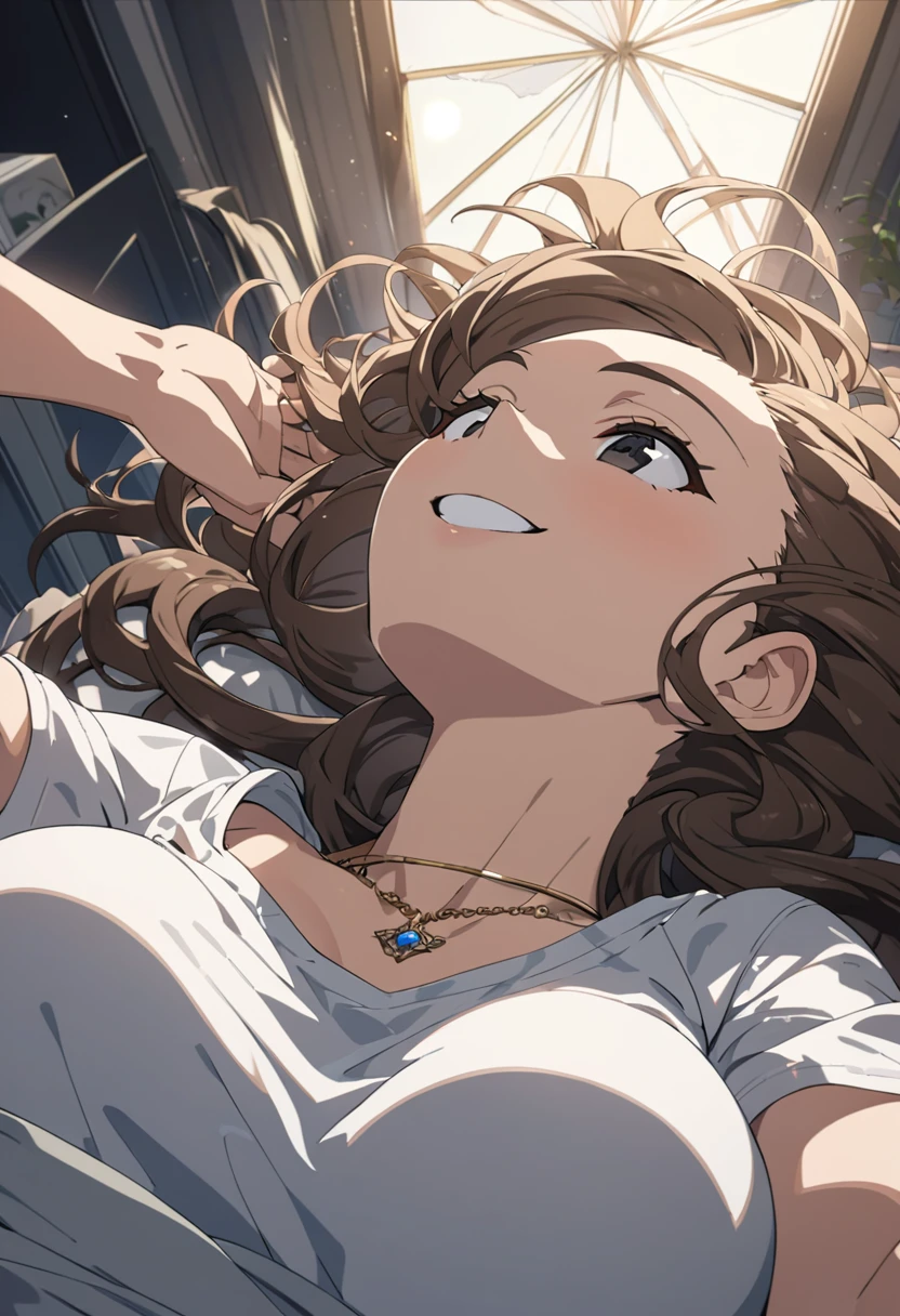 masterpiece, best quality, high quality, detailed, ultra detailed, hyper detailed, insanely detailed, exquisite, beautiful, woman, excited, grinning, lying on back, long hair, brown hair, black eyes, tall, glamorous, voluptuous, t-shirt, undone clothing, necklace, necktie, hair ribbon, toned, curvy, in the bedroom, at midnight, with a bed, cel anime, from front, from below, rule of odds, golden ratio, golden triangle, upper body, headshot