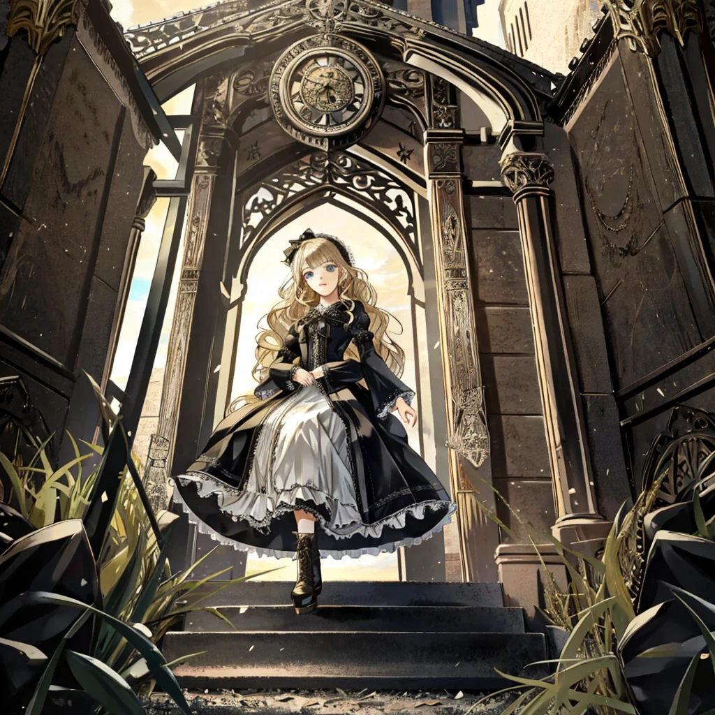 A woman wearing a dress and boots is standing in front of a building, Baroque Dress, Detailed steampunk dress, Elegant Gothic Princess, Victorian Gothic ****ta Fashion, 歴史的なBaroque Dressダーク, Black Gothic ****ta Dress, Fantasy style clothing, Rococo Dress, Black Rococo, Classic witch, Fantasy Costume, wearing a Gothic Dress, romantic dress, Gothic Dress, sit, Spread your legs, Looking from directly below, Drawers, underwear